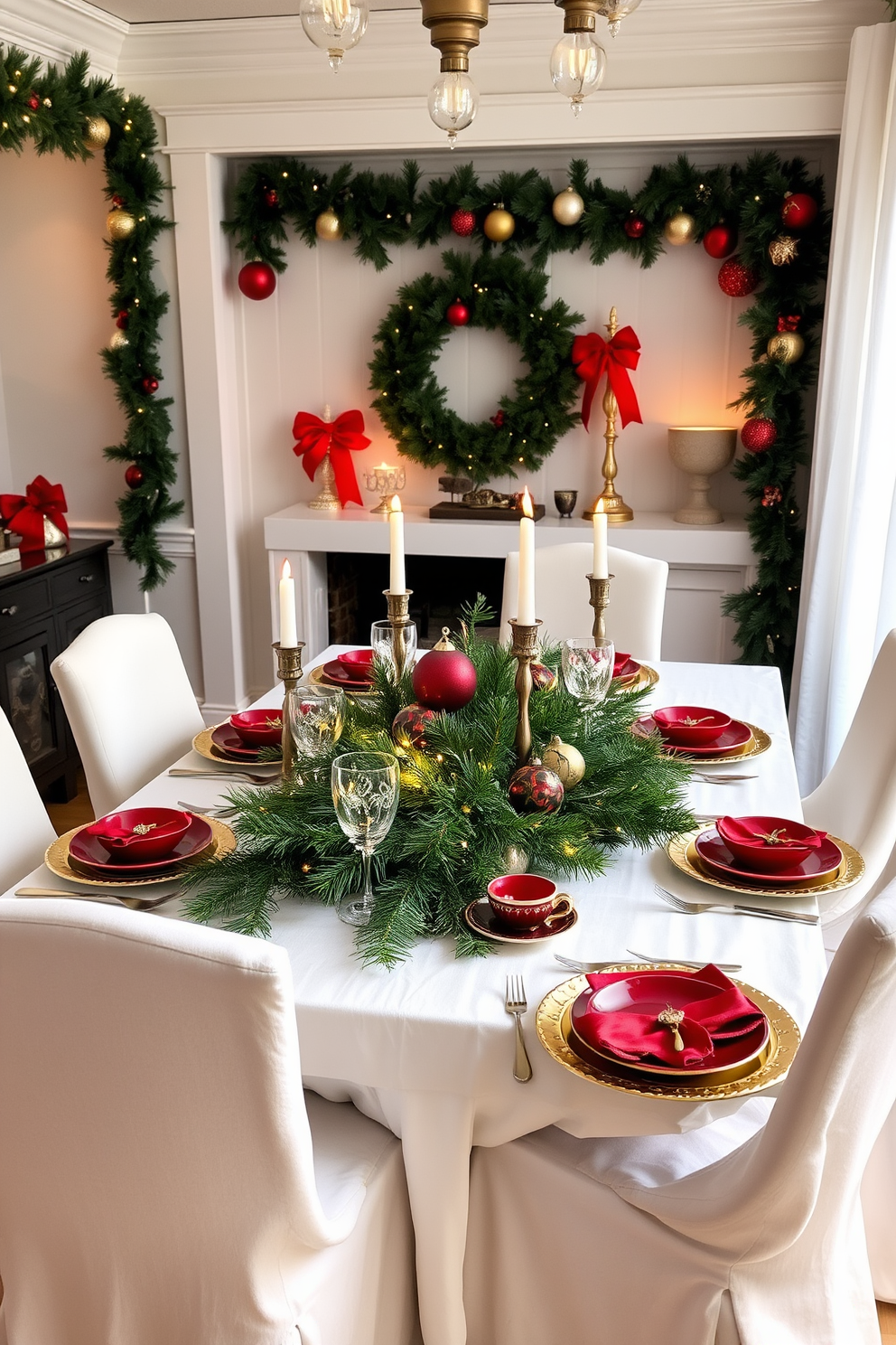 A beautifully set dining table adorned with Christmas-themed dinnerware featuring elegant red and gold accents. The table is surrounded by plush chairs draped in soft white fabric, with a centerpiece of evergreen branches and twinkling fairy lights. The walls are decorated with festive garlands and ornaments that complement the dinnerware. Soft candlelight flickers from decorative holders, creating a warm and inviting atmosphere for holiday gatherings.