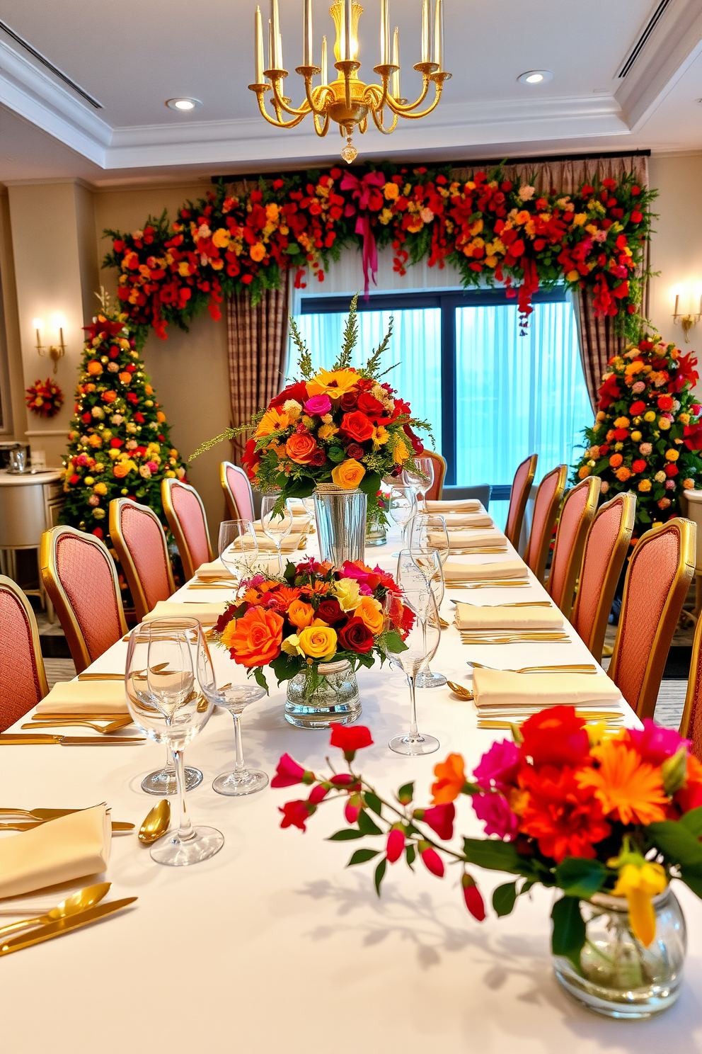 A festive dining room adorned with fresh flowers in seasonal colors. The table is elegantly set with a white tablecloth, golden cutlery, and vibrant floral arrangements that capture the essence of Christmas.