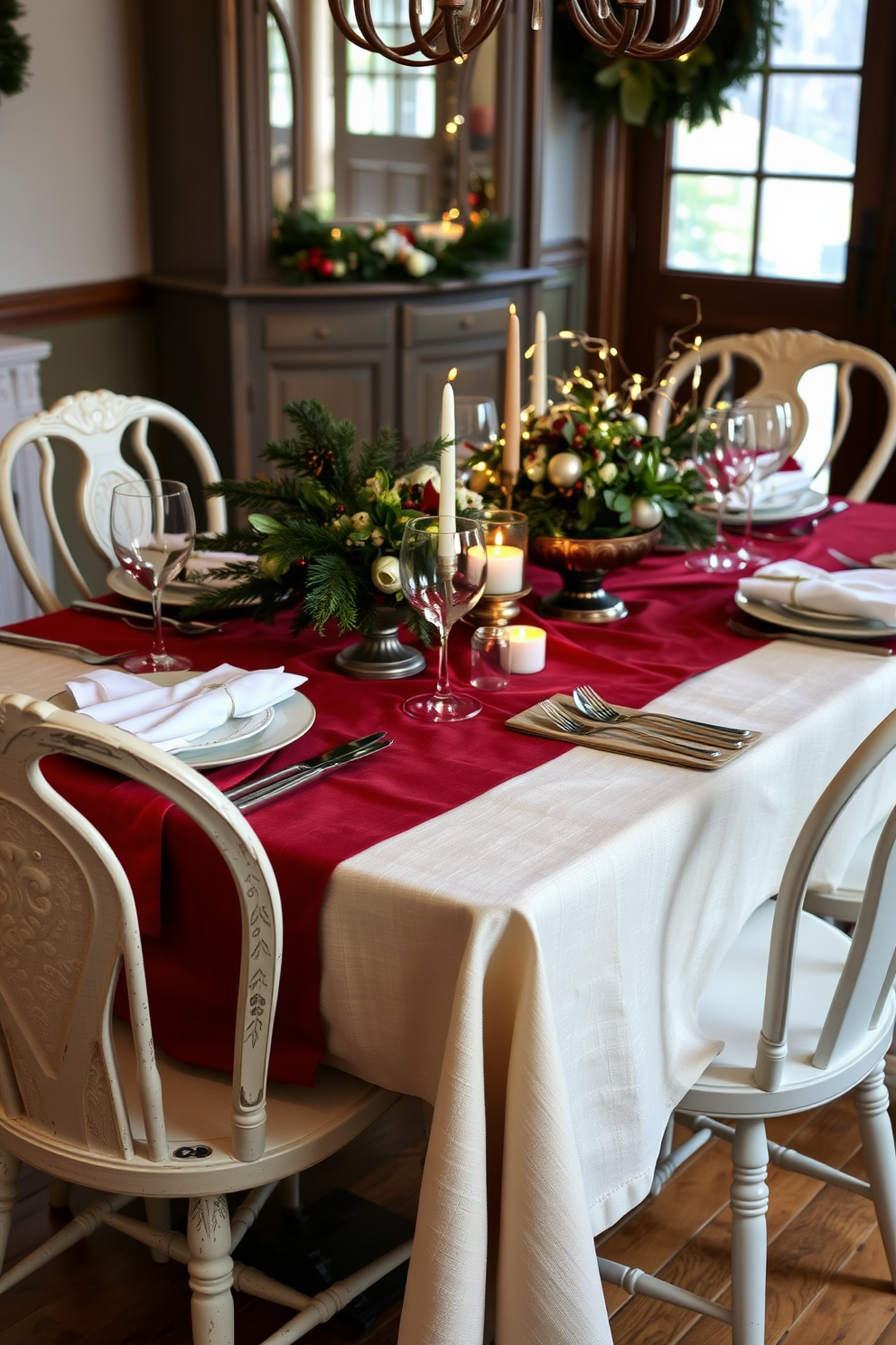 A beautifully set dining table featuring layered table linens in rich textures. The base layer is a soft cream tablecloth topped with a deep red runner, creating a warm and inviting atmosphere. Elegant centerpieces adorned with seasonal greenery and twinkling fairy lights enhance the festive spirit. Surrounding the table, mismatched vintage dining chairs add character and charm to the Christmas setting.