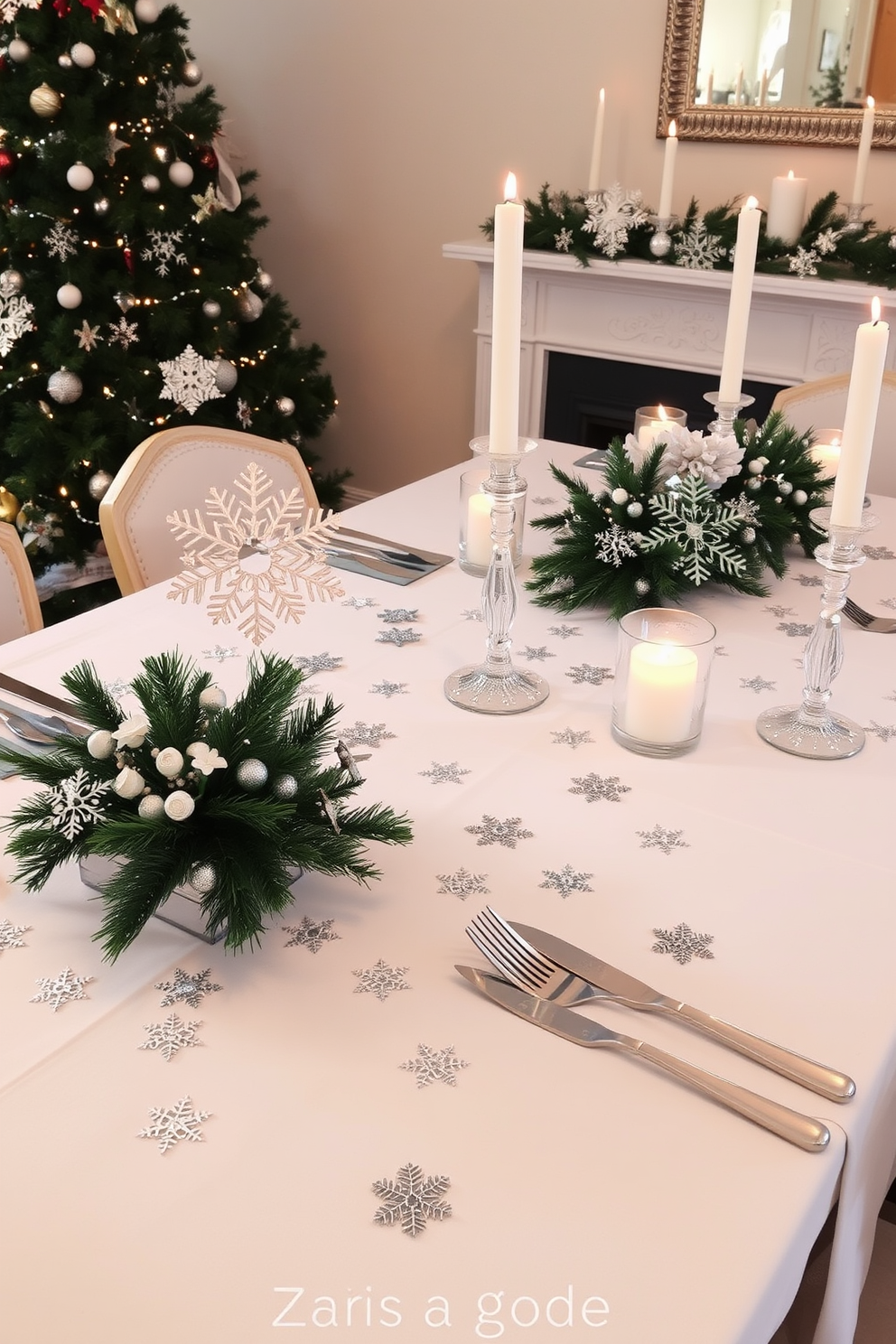 A beautifully set dining table adorned with snowflake decorations creates a festive atmosphere for Christmas. The table is elegantly dressed with a crisp white tablecloth, and shimmering silver snowflakes are scattered across the surface, complemented by delicate white candles in glass holders.