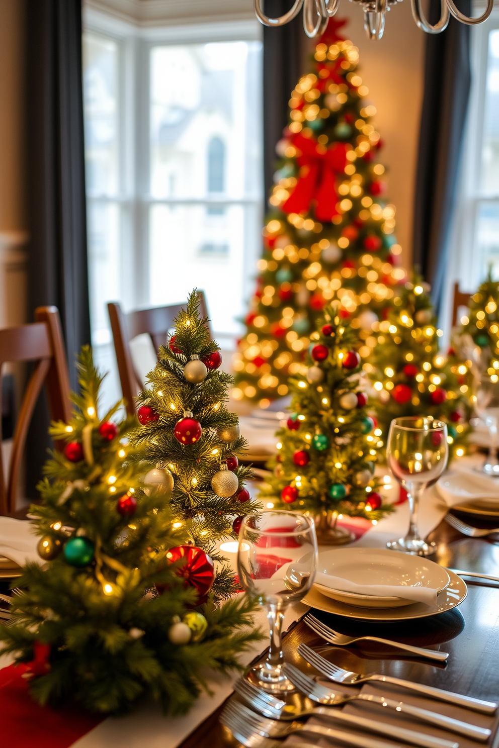 The dining table is elegantly set with themed dinnerware featuring intricate holiday motifs in vibrant colors. Surrounding the table are plush upholstered chairs, and above hangs a stunning chandelier adorned with festive greenery and twinkling lights. The centerpiece showcases a beautifully arranged display of seasonal flowers and candles, creating a warm and inviting atmosphere. The walls are adorned with tasteful holiday decorations that complement the overall theme, enhancing the festive spirit of the dining room.