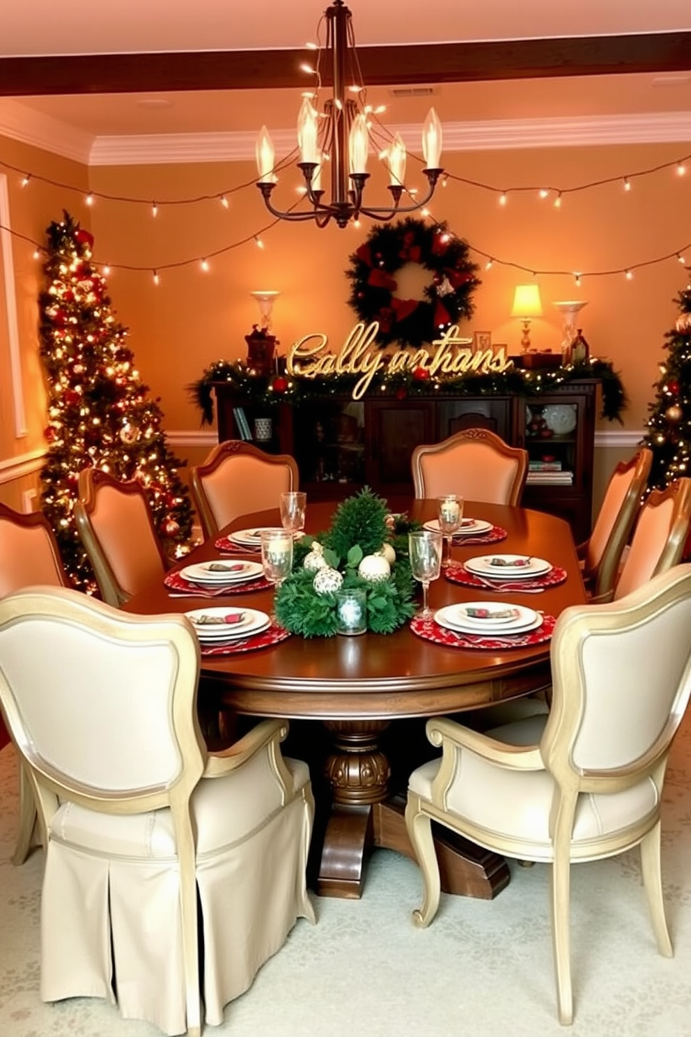 A cozy dining room adorned for Christmas features a large wooden table surrounded by elegant chairs. String lights are draped across the table, casting a warm glow over festive decorations and a centerpiece of seasonal greenery.