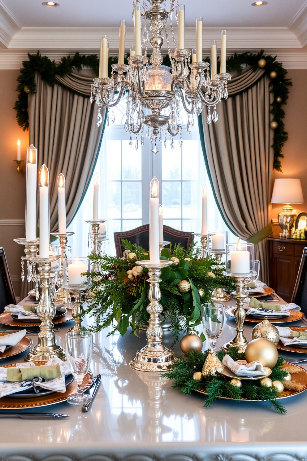 A luxurious dining room adorned with mercury glass accents creates an elegant atmosphere. The table is set with shimmering mercury glass candle holders and delicate ornaments that reflect the soft glow of warm lighting. Rich green and gold decorations complement the mercury glass, enhancing the festive spirit. A beautifully arranged centerpiece featuring seasonal greenery and berries adds a touch of natural beauty to the table setting.