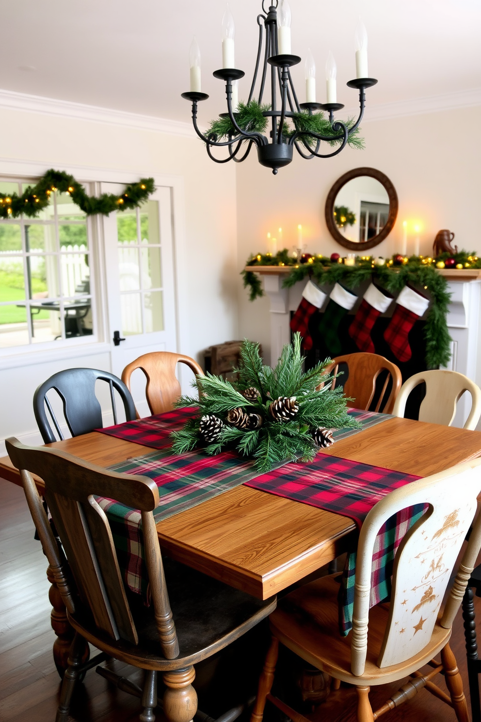 A warm and inviting dining room features a rustic wooden table adorned with plaid tablecloths in rich red and green tones. Surrounding the table are mismatched vintage chairs that add character, and a centerpiece of evergreen branches and pinecones enhances the cozy holiday atmosphere. Soft, ambient lighting from a chandelier casts a gentle glow over the room, while festive garlands drape elegantly along the walls. Stockings hang from the mantelpiece, completing the charming Christmas decor and inviting guests to gather and celebrate.