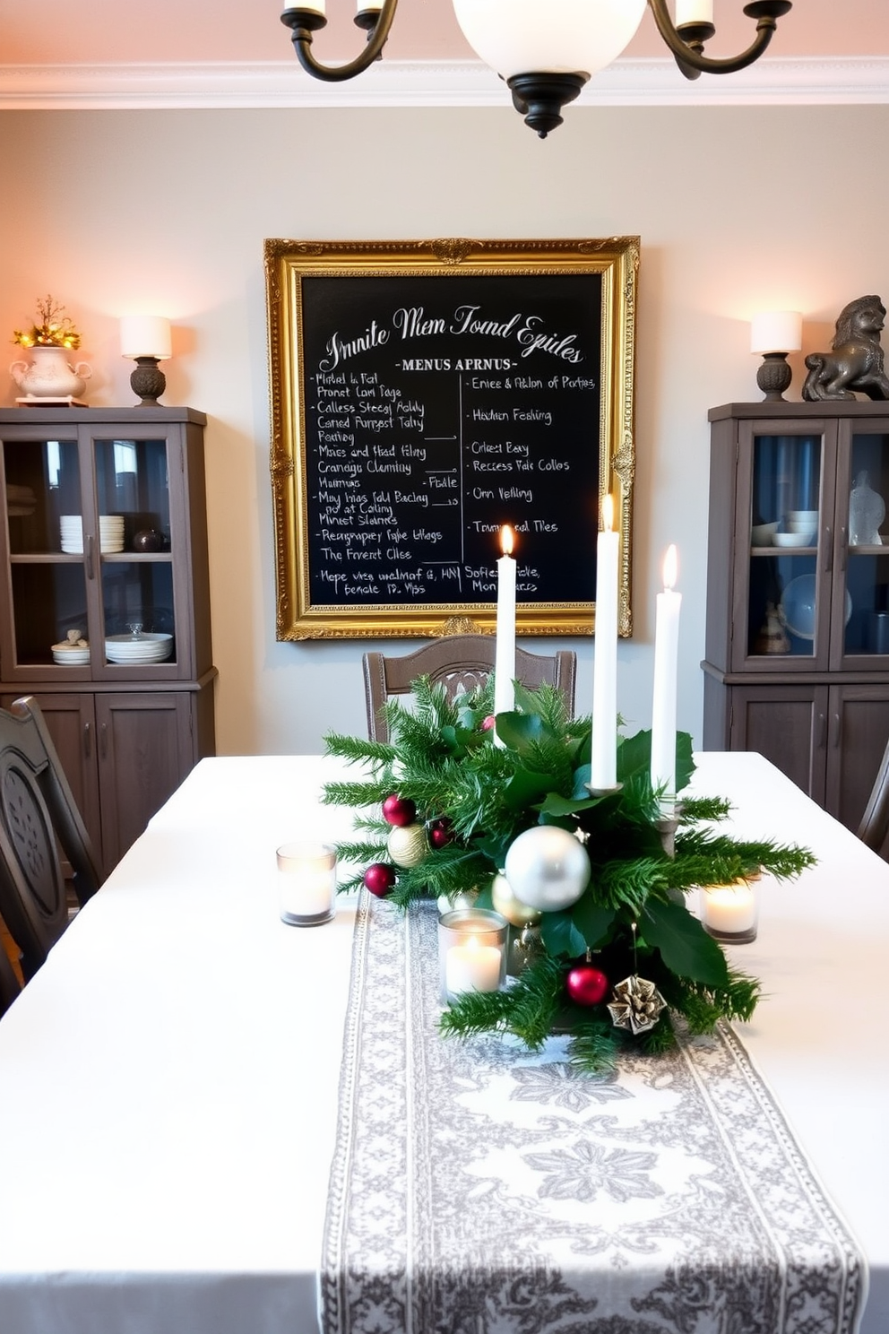 Chalkboard menus for a personal touch in a dining room. The chalkboard is elegantly framed and placed on an accent wall, surrounded by warm lighting and decorative elements. Christmas decorating ideas for a cozy dining room atmosphere. The table is adorned with a festive table runner, candles, and a centerpiece of pine branches and ornaments, creating a warm and inviting space.