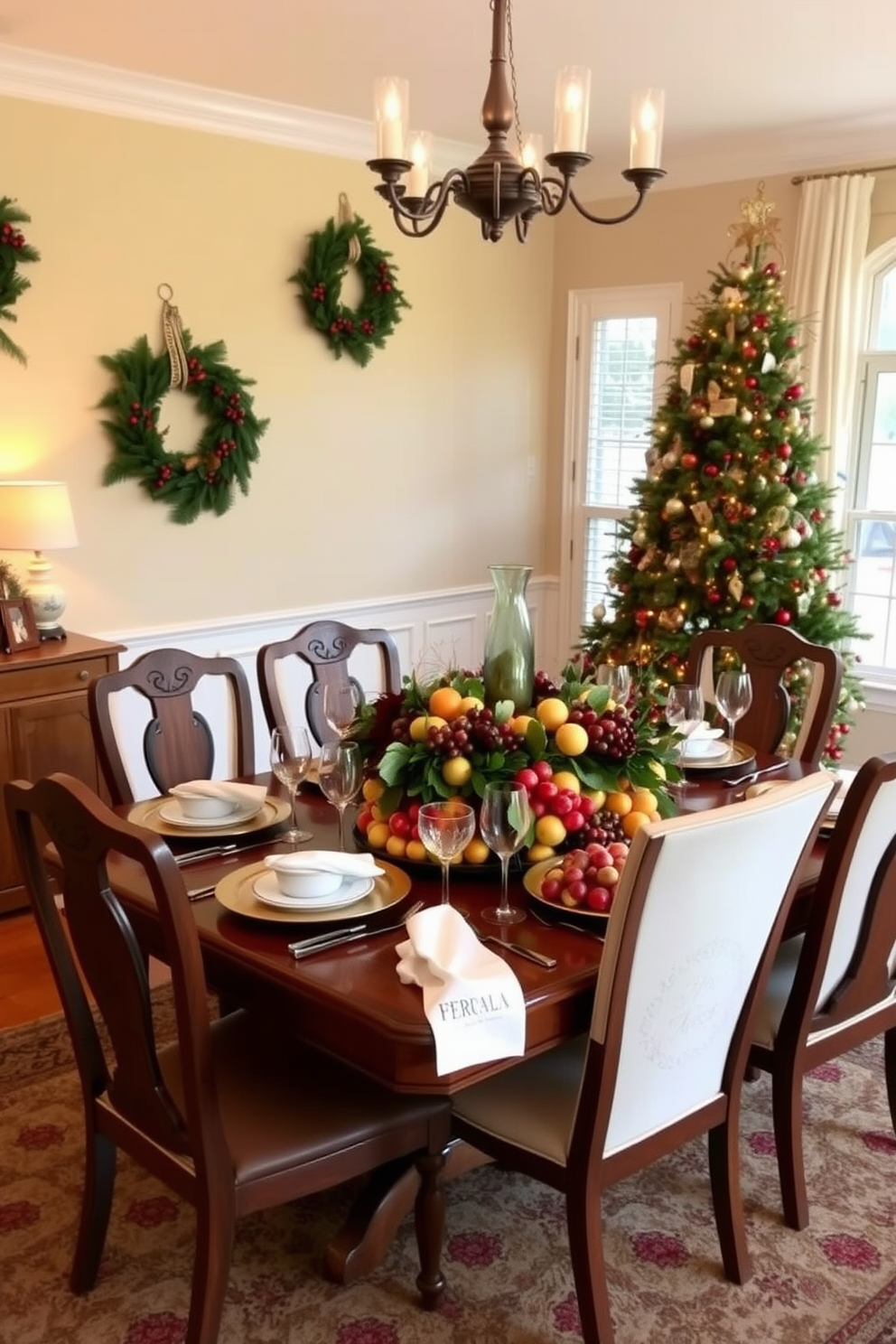 A dining room adorned with seasonal fruit arrangements as decor. A large wooden table is set with a vibrant display of fresh fruits in various colors, complemented by elegant place settings. For Christmas decorating ideas, the room features a beautifully decorated tree in the corner. Wreaths made of pine and berries hang on the walls, adding a festive touch to the warm atmosphere.