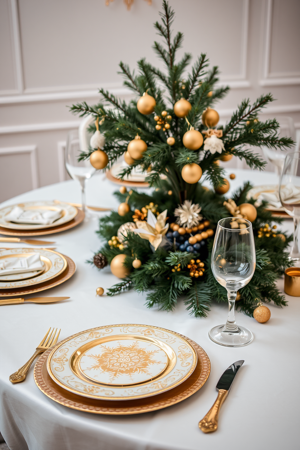 A beautifully set dining table features elegant gold and white tableware with intricately designed plates and shimmering cutlery. The table is adorned with a lavish white tablecloth, and a stunning centerpiece of evergreen branches and golden ornaments captures the festive spirit of Christmas. Soft, warm lighting enhances the ambiance, reflecting off the gold accents and creating a cozy atmosphere. Delicate place cards and seasonal decorations add a personal touch, inviting guests to enjoy a memorable holiday meal.