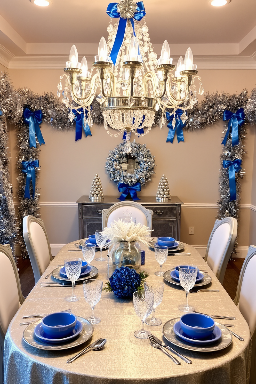 A festive dining room adorned with silver and blue accents. The table is elegantly set with a shimmering silver tablecloth and blue dinnerware, complemented by sparkling glassware and silver cutlery. Above the table, a stunning chandelier is draped with silver and blue ornaments, casting a warm glow over the scene. The walls are decorated with garlands of silver tinsel and blue ribbons, creating a magical holiday atmosphere.