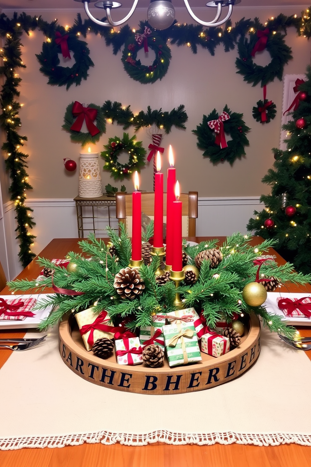 A beautifully set dining table features wooden chargers that enhance the rustic elegance of the space. The table is adorned with a festive centerpiece of pinecones and greenery, complemented by warm candlelight. Surrounding the table are mismatched wooden chairs that add character and charm. Soft, textured linens in deep red and green hues create a cozy atmosphere for holiday gatherings.