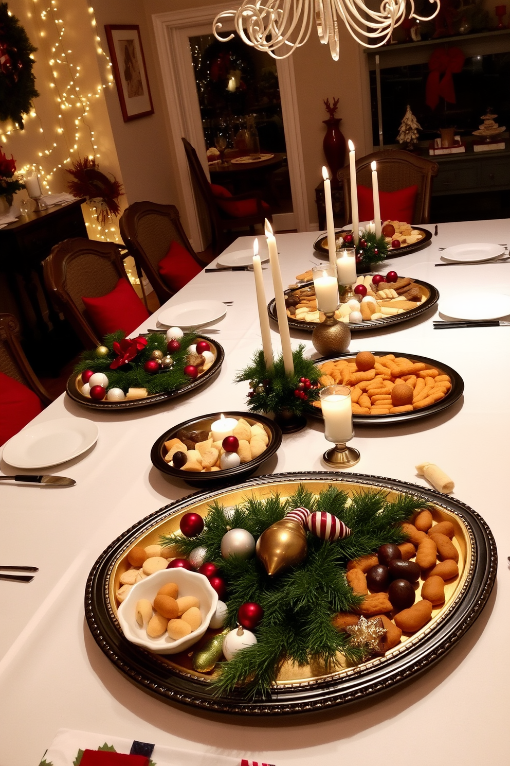 A beautifully set dining table adorned with decorative serving trays filled with an assortment of holiday treats. The trays are arranged elegantly on a crisp white tablecloth, complemented by festive centerpieces of greenery and candles. The dining room features a warm and inviting atmosphere, with twinkling fairy lights strung along the walls. Rich red and gold accents enhance the Christmas spirit, creating a cozy setting for family gatherings.