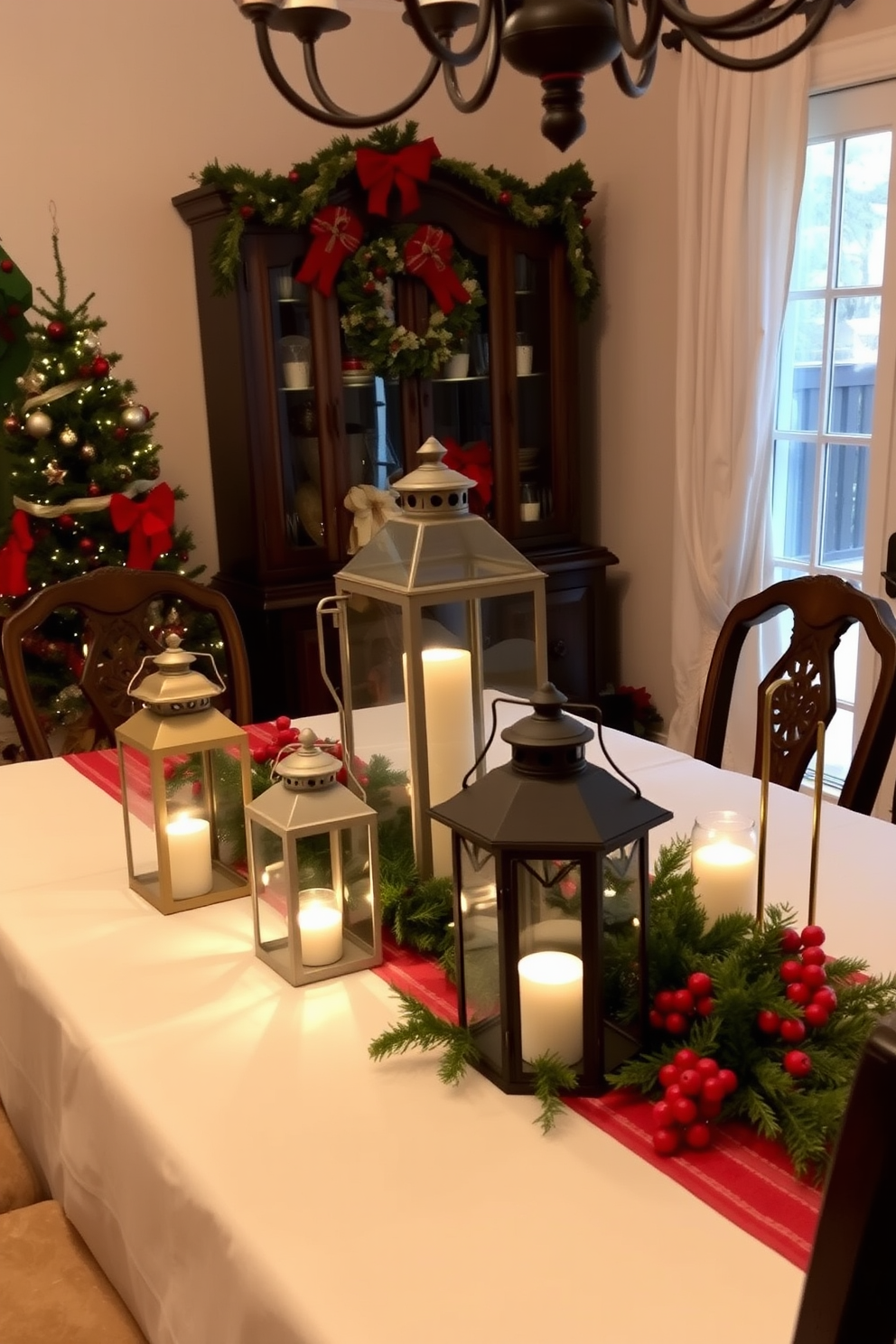 A cozy dining room adorned with festive Christmas decorations. Softly glowing lanterns are placed on the table, casting a warm ambiance over the scene. The table is set with an elegant white tablecloth and adorned with evergreen garlands and red berries. A centerpiece of lanterns and candles creates a charming focal point for holiday gatherings.