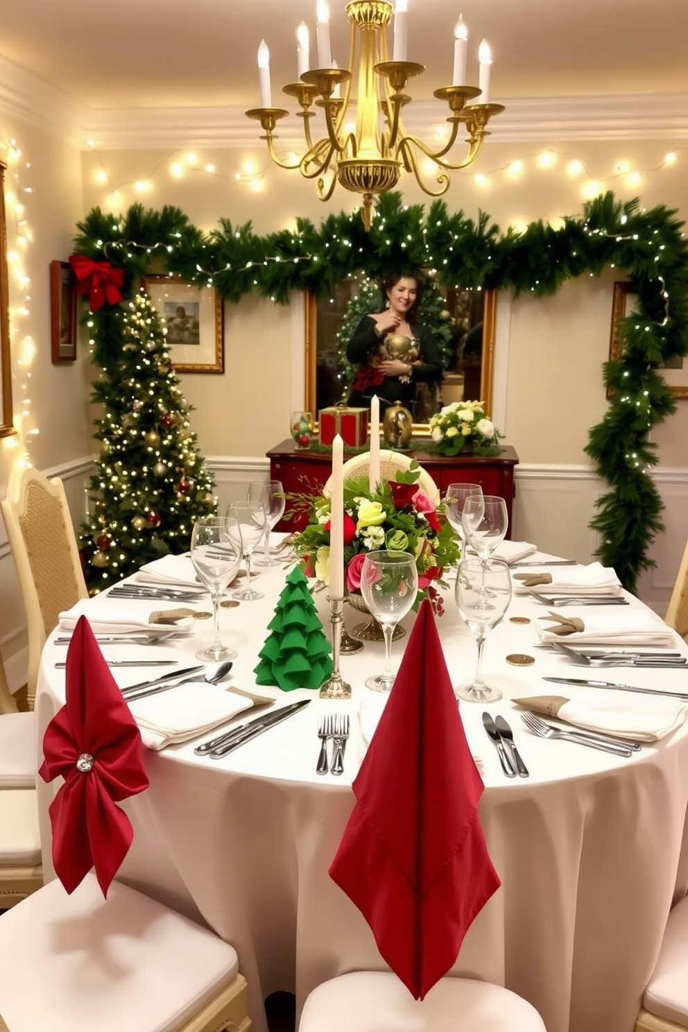 A festive dining room adorned with elegant holiday-themed napkin folding techniques. The table is set with fine china and sparkling glassware, complemented by intricately folded napkins that resemble Christmas trees and stars. The room is decorated with twinkling fairy lights and a lush green garland draped along the table's edge. A centerpiece of seasonal flowers and candles adds warmth and charm to the festive atmosphere.