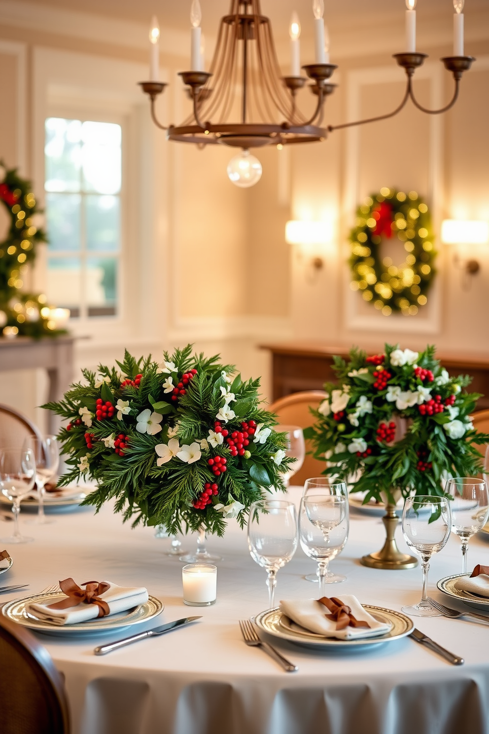 A festive dining room adorned with elegant wreaths as table centerpieces. Each wreath is lush and vibrant, featuring a mix of greenery, red berries, and delicate white flowers, creating a warm and inviting atmosphere for holiday gatherings. The dining table is beautifully set with fine china and sparkling glassware, complementing the wreaths perfectly. Soft, ambient lighting enhances the festive decor, casting a gentle glow over the scene and inviting guests to share in the celebration.