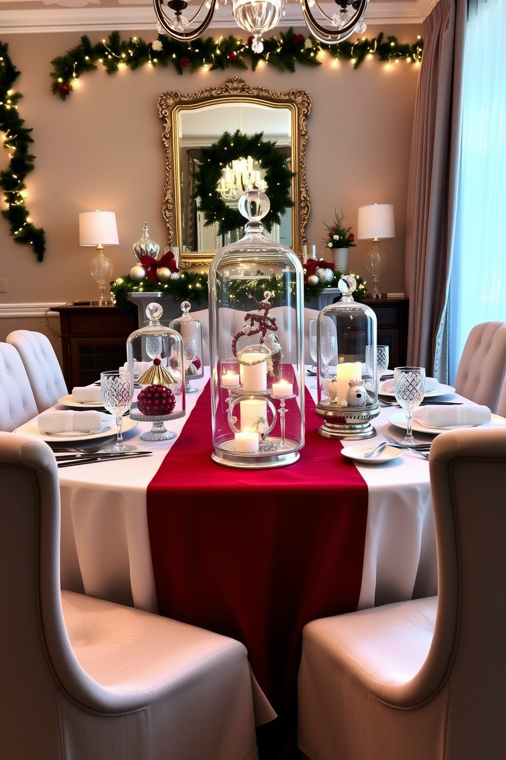 A beautifully arranged dining room for Christmas features an elegant table set with fine china and crystal glassware. On the table, glass cloches with intricate ornaments inside create a stunning centerpiece, reflecting the warm glow of candlelight. The walls are adorned with festive garlands and twinkling fairy lights, adding a cozy atmosphere. A rich red table runner contrasts beautifully with the white tablecloth, while plush chairs invite guests to gather around for a festive meal.