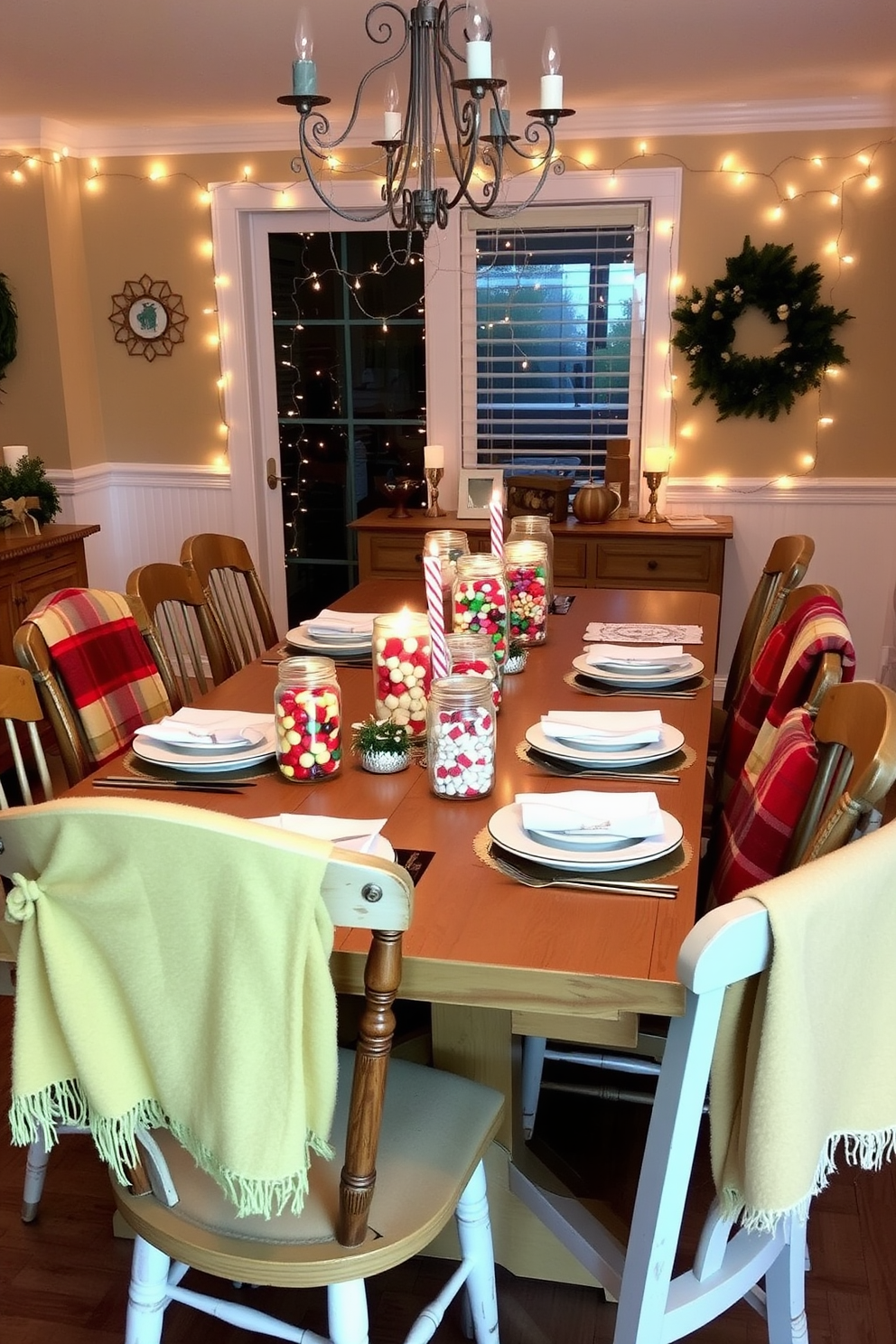 A beautifully decorated dining room for Christmas features a long wooden dining table set for a festive meal. Above the table, lush green mistletoe hangs gracefully, adding a touch of holiday charm to the ambiance. The table is adorned with a crisp white tablecloth, and elegant dinnerware is arranged neatly at each place setting. Soft, warm lighting from a chandelier above enhances the cozy atmosphere, while festive centerpieces of red and gold accents complete the look.