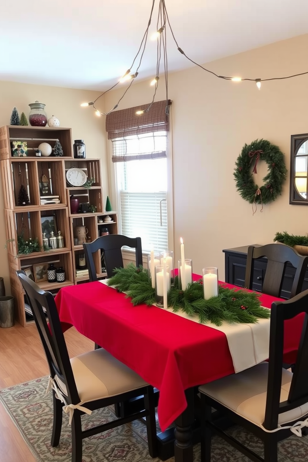 A cozy dining room featuring wooden crates as rustic decor elements. The crates are stacked creatively in one corner, serving as both storage and display for festive ornaments and greenery. For Christmas decorating ideas, the dining table is adorned with a vibrant red tablecloth and a centerpiece made of pine branches and candles. String lights hang above, casting a warm glow over the room, enhancing the holiday spirit.