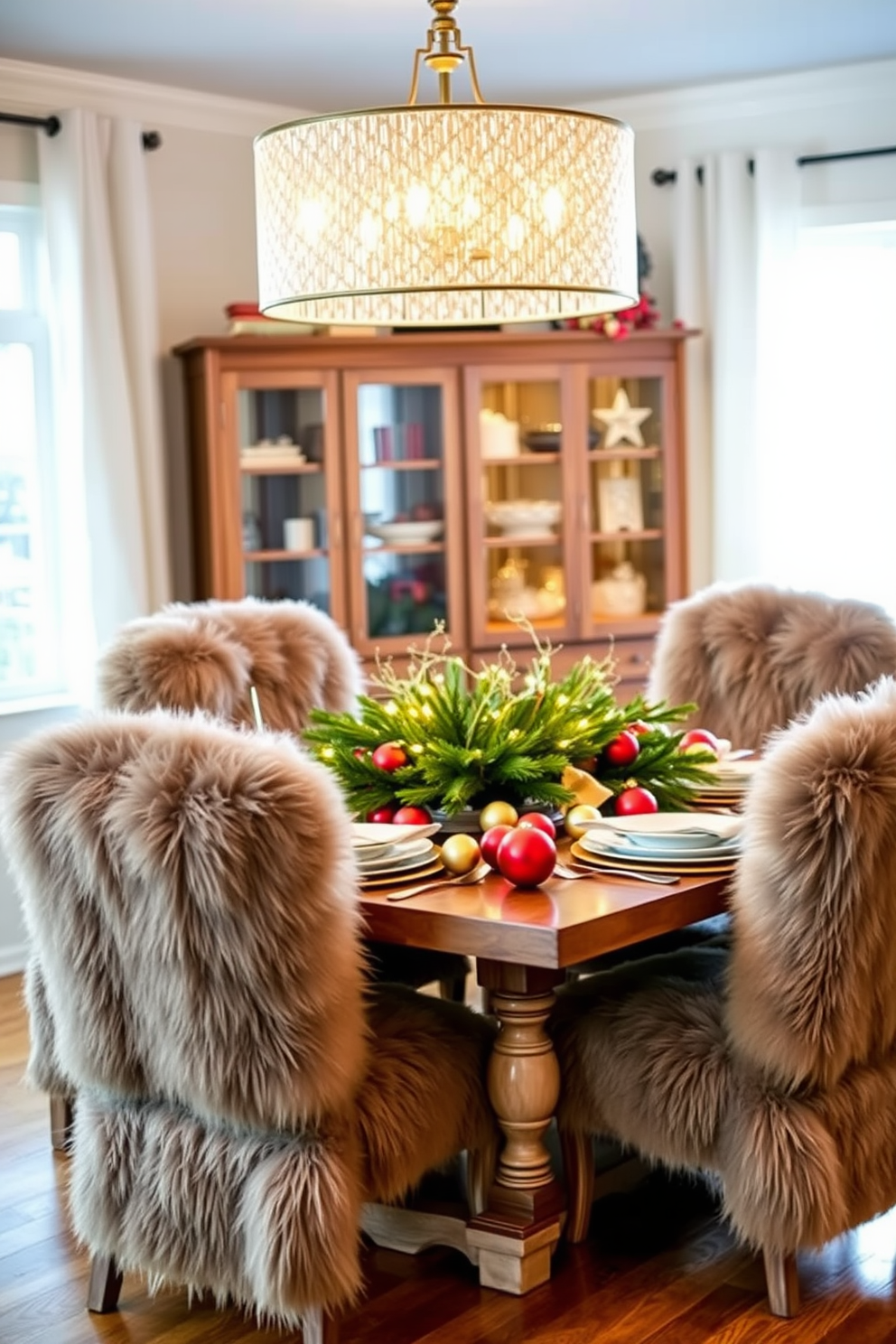 A cozy dining room adorned with faux fur accents. The dining chairs are draped with plush faux fur throws, adding warmth and texture to the space. The table is set for a festive Christmas dinner, featuring a centerpiece of evergreen branches and twinkling fairy lights. Red and gold ornaments are scattered across the table, enhancing the holiday spirit.