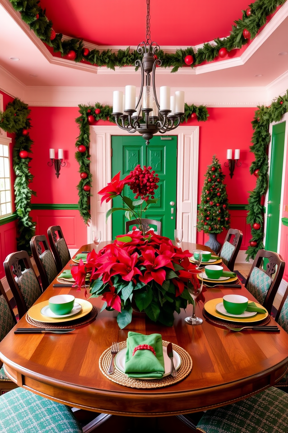 A vibrant dining room is adorned with a bright red and green color scheme, featuring a large wooden dining table set for a festive meal. The walls are decorated with green garlands and red ornaments, while a stunning centerpiece of red poinsettias adds a touch of elegance to the table.