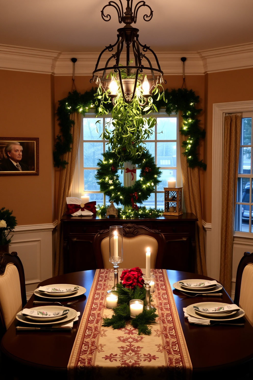 A vintage sled serves as a unique centerpiece in the dining room, adorned with festive decorations and seasonal greenery. The table is set with elegant dinnerware and surrounded by chairs draped in rich red and green fabrics, creating a warm and inviting atmosphere for holiday gatherings.