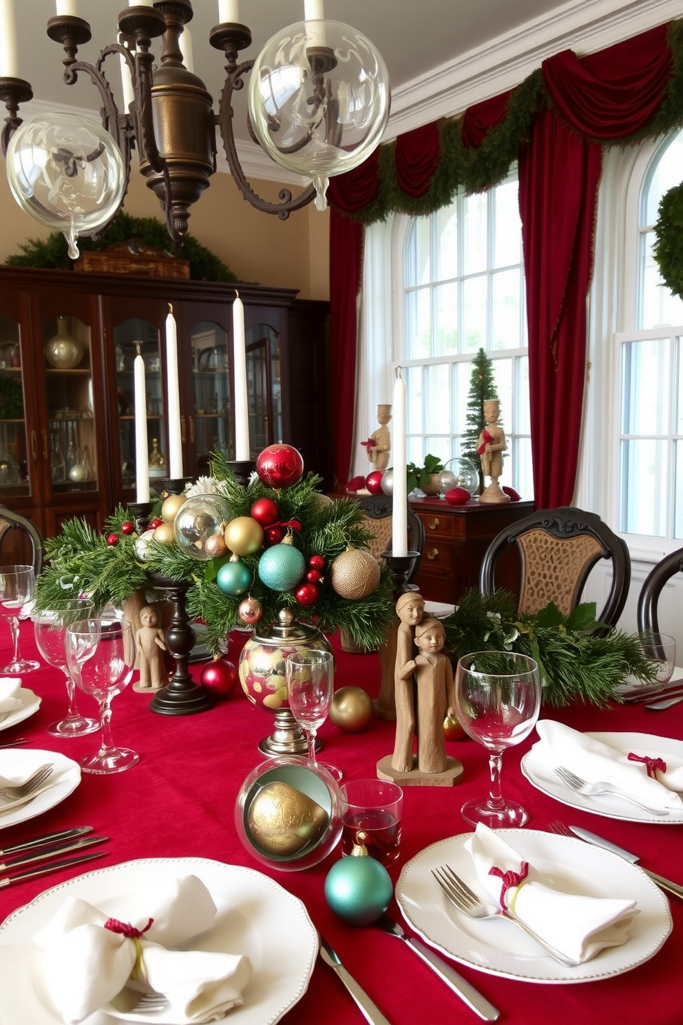 A beautifully set dining room adorned with vintage ornaments as table centerpieces. The table is elegantly dressed with a rich red tablecloth, and an assortment of antique glass baubles and rustic wooden figurines create a warm, festive ambiance.