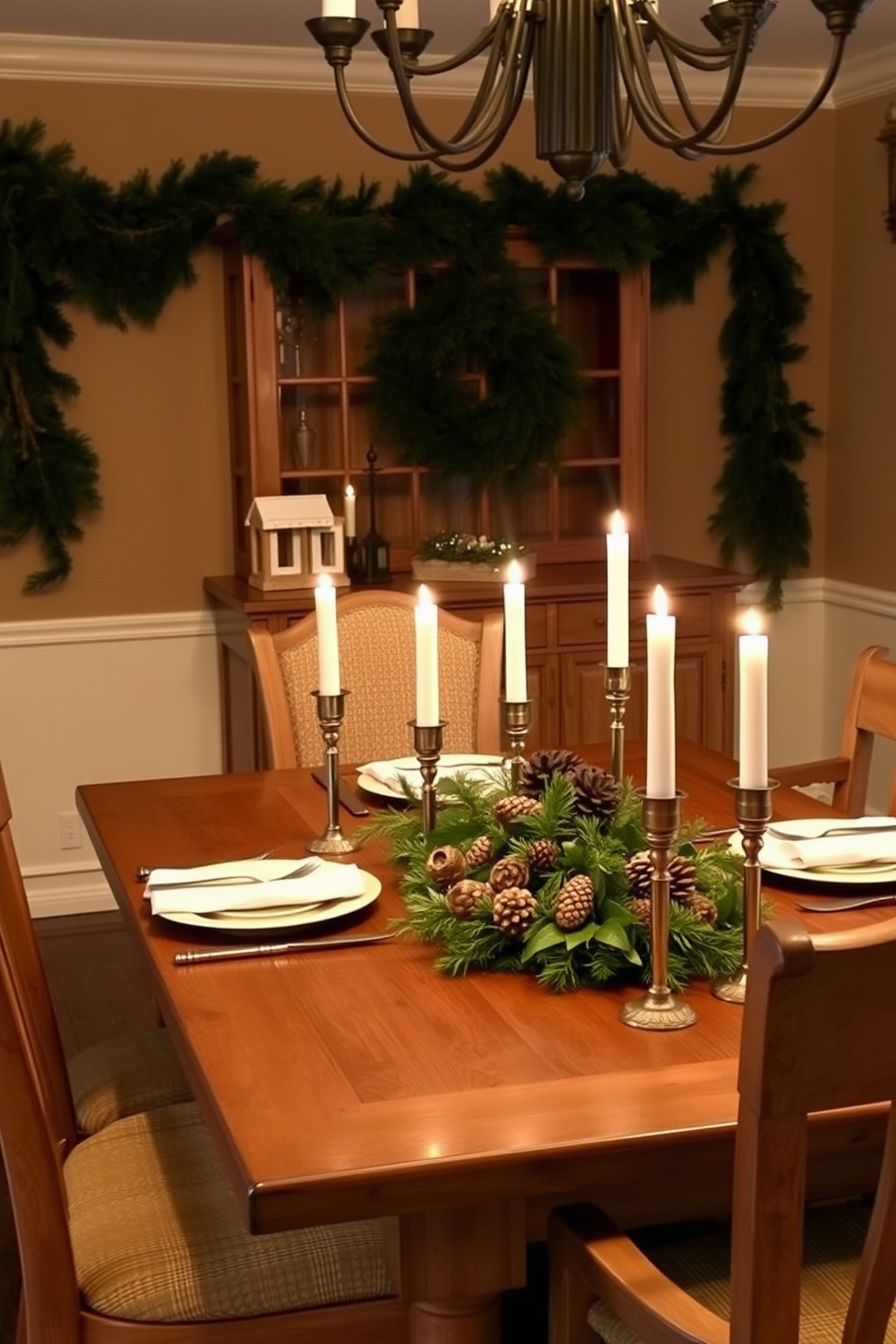 A beautifully decorated dining room for Christmas. The table is adorned with natural pinecones scattered across a crisp white tablecloth, complemented by elegant candle holders and festive greenery.