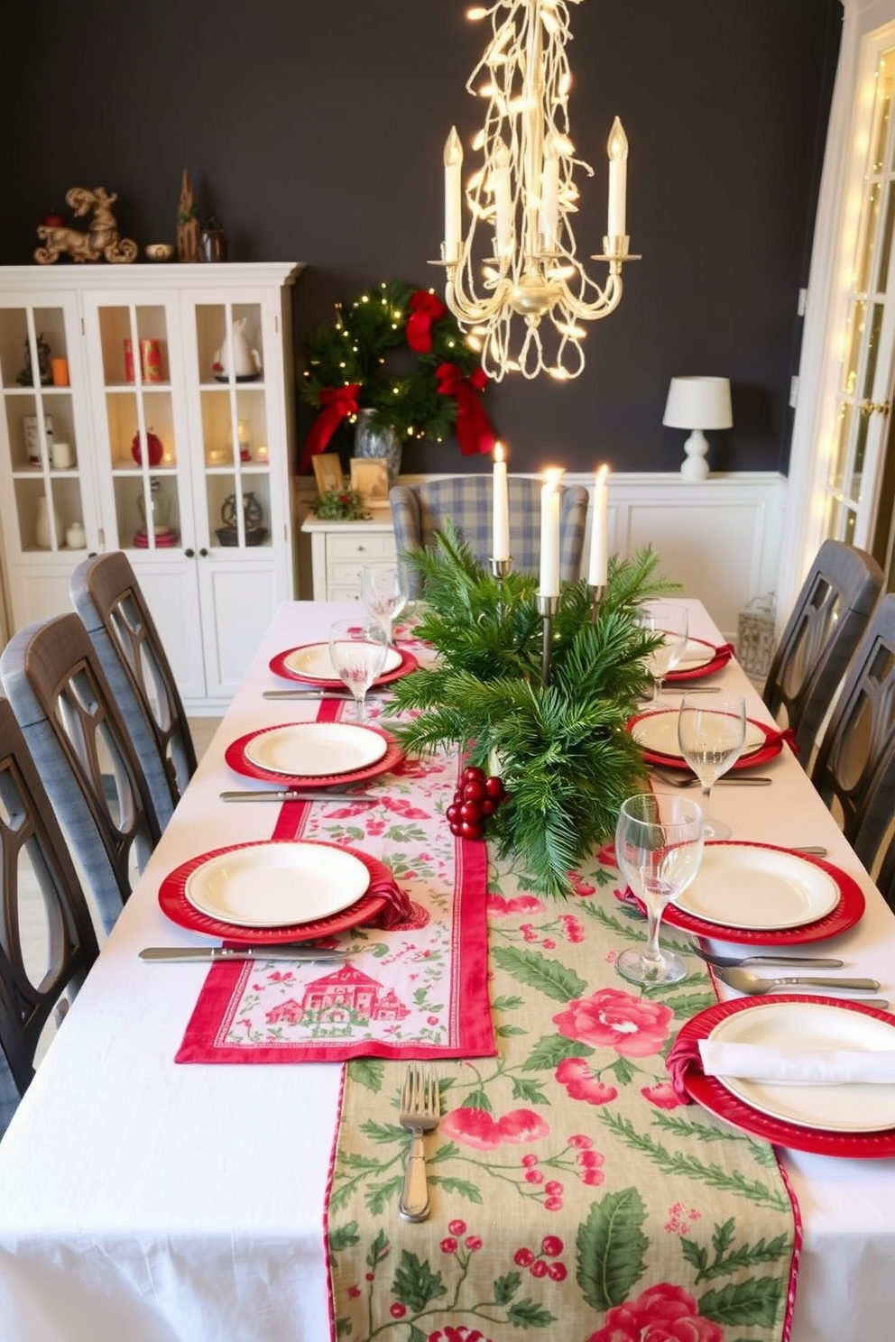 Create a festive dining room setting adorned with vibrant table runners featuring holiday prints. The table is set for a Christmas feast, with elegant dishware and twinkling fairy lights overhead.