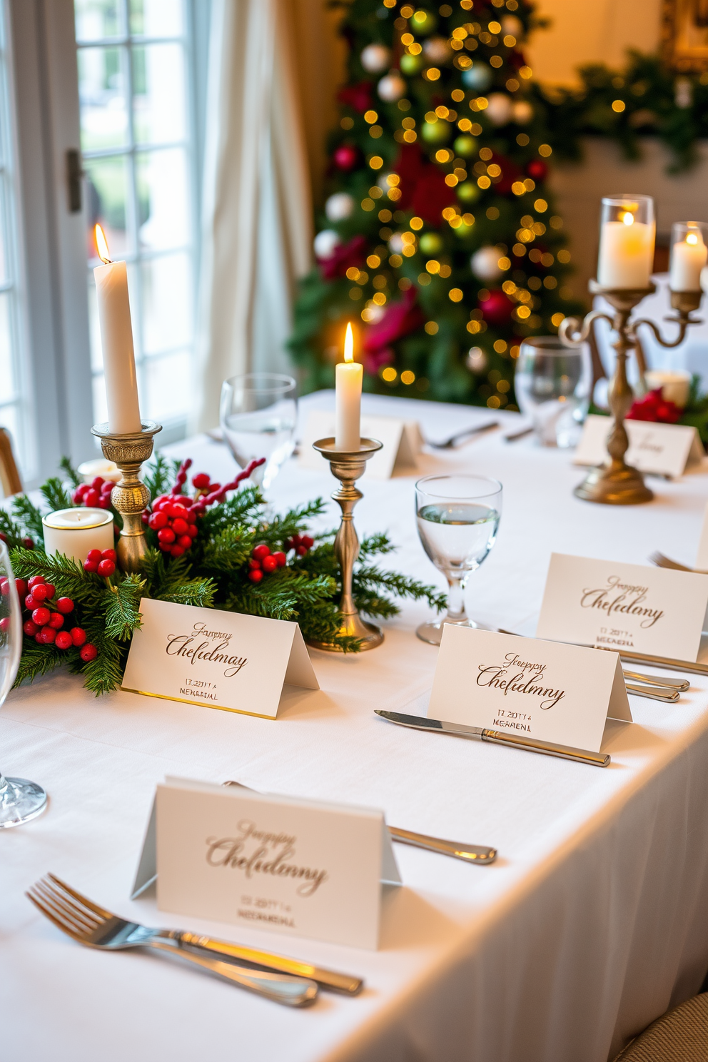 A beautifully set dining room adorned with Christmas-themed place cards for guests. Each card features elegant calligraphy and is nestled among festive greenery and twinkling fairy lights. The dining table is draped with a rich red tablecloth, complemented by gold accents and candle holders. A stunning centerpiece made of pine branches, berries, and ornaments adds a touch of holiday cheer.