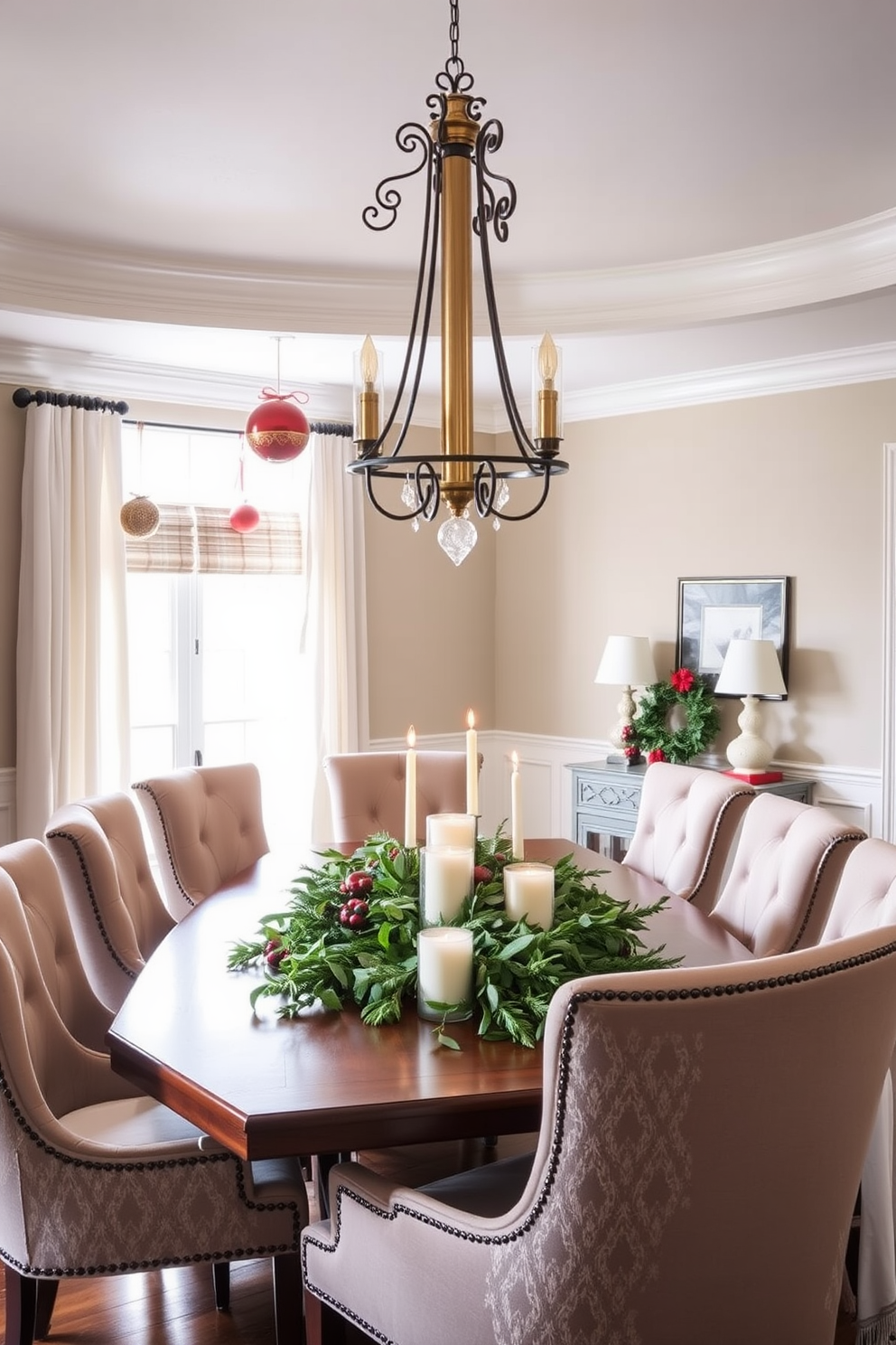 A cozy dining room adorned with hanging ornaments from elegant light fixtures. The room features a large wooden dining table surrounded by plush upholstered chairs, with a festive centerpiece showcasing seasonal greenery and candles.