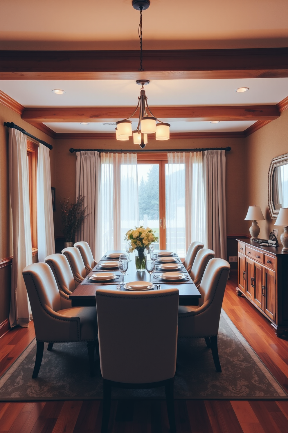 A cozy dining room infused with warm wood tones creates an inviting atmosphere. A large wooden dining table is surrounded by plush upholstered chairs, and a wooden sideboard displays elegant dinnerware. Soft lighting from a modern chandelier casts a warm glow over the space. Large windows dressed with light, airy curtains allow natural light to fill the room, enhancing the cozy feel.