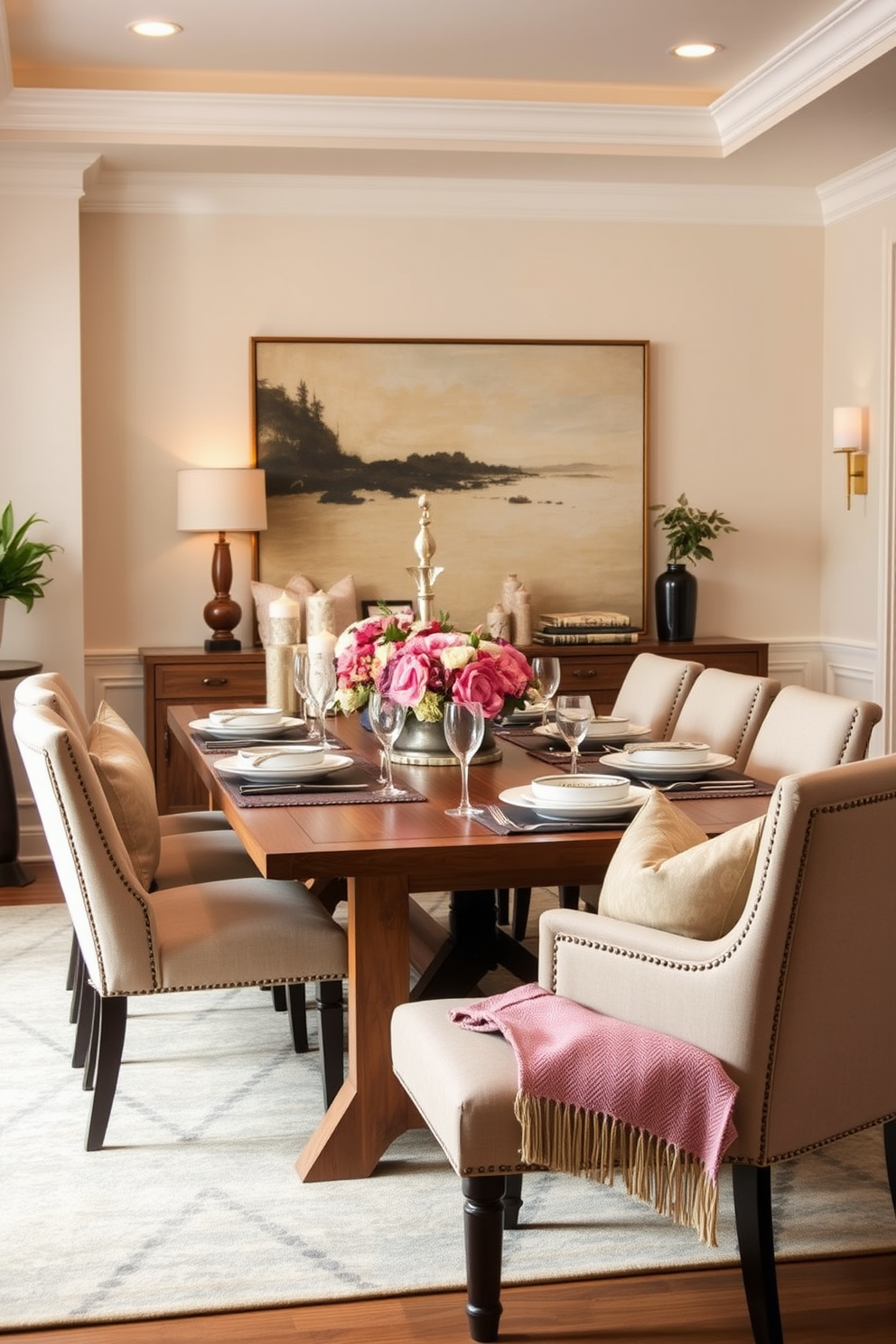 A warm and inviting dining room featuring a large wooden table surrounded by plush upholstered chairs. The table is set with elegant dinnerware and a centerpiece of fresh flowers, while soft ambient lighting creates a cozy atmosphere. Layer textures with cushions and throws on a stylish side bench placed against the wall. The walls are painted in a soft neutral tone, and a large piece of artwork hangs above the bench, adding a pop of color to the space.