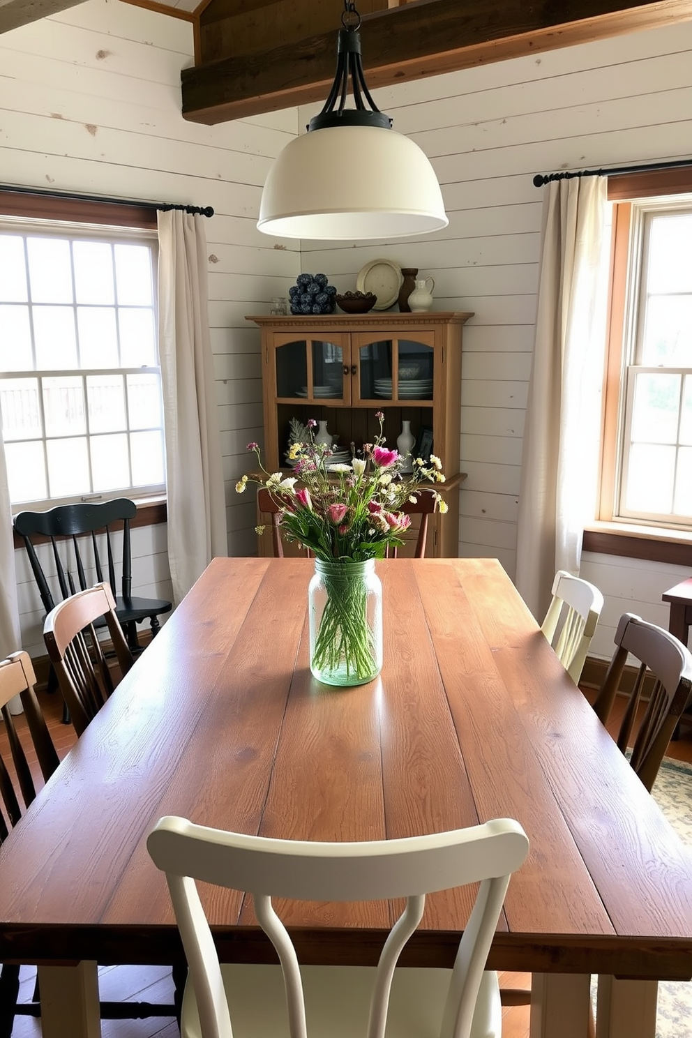 A cozy dining room featuring shiplap walls that evoke a rustic charm. The space includes a large wooden dining table surrounded by mismatched chairs, creating an inviting atmosphere. Natural light filters through large windows adorned with simple linen curtains. A centerpiece of wildflowers in a mason jar adds a touch of warmth to the table setting.