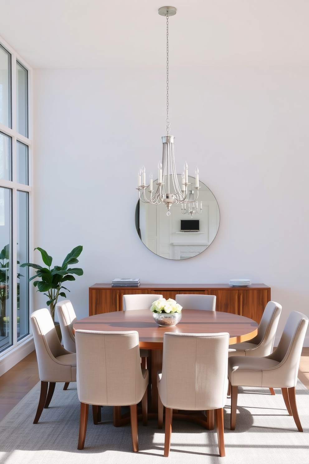 A dining room featuring elegant wainscoting that adds a touch of classic sophistication to the space. The room is adorned with a large wooden dining table surrounded by upholstered chairs in a soft neutral fabric. A stunning chandelier hangs above the table, casting a warm glow over the setting. The walls are painted in a soft cream color, complementing the rich wood tones of the furniture and wainscoting.