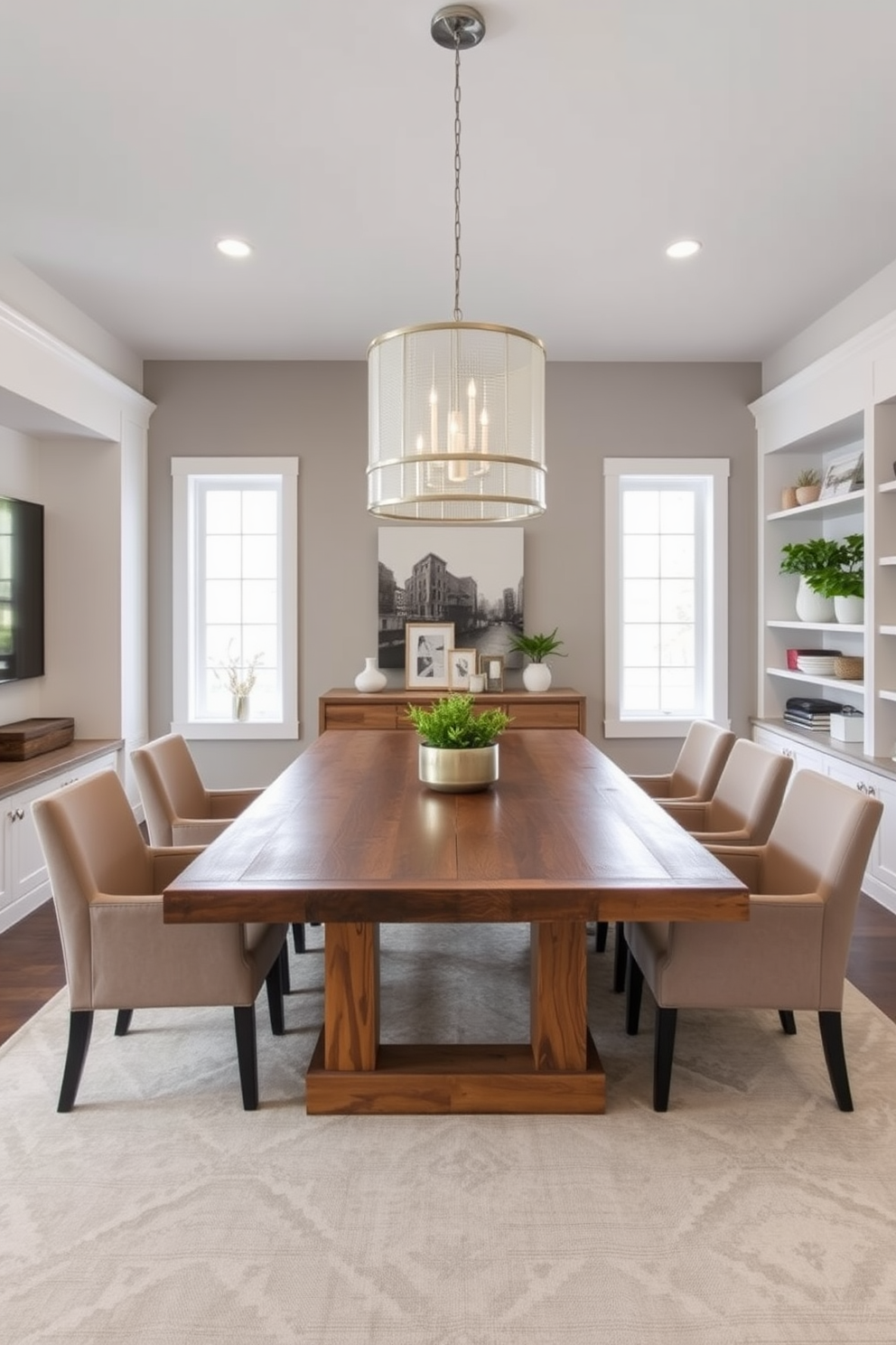 A modern dining room featuring built-in shelving along one wall for optimal storage and display. The dining table is a large rectangular piece made of reclaimed wood, surrounded by upholstered chairs in a neutral fabric. The walls are painted in a soft gray tone, complemented by a statement chandelier hanging above the table. A large area rug anchors the space, with decorative items and plants arranged on the built-in shelves to add warmth and personality.