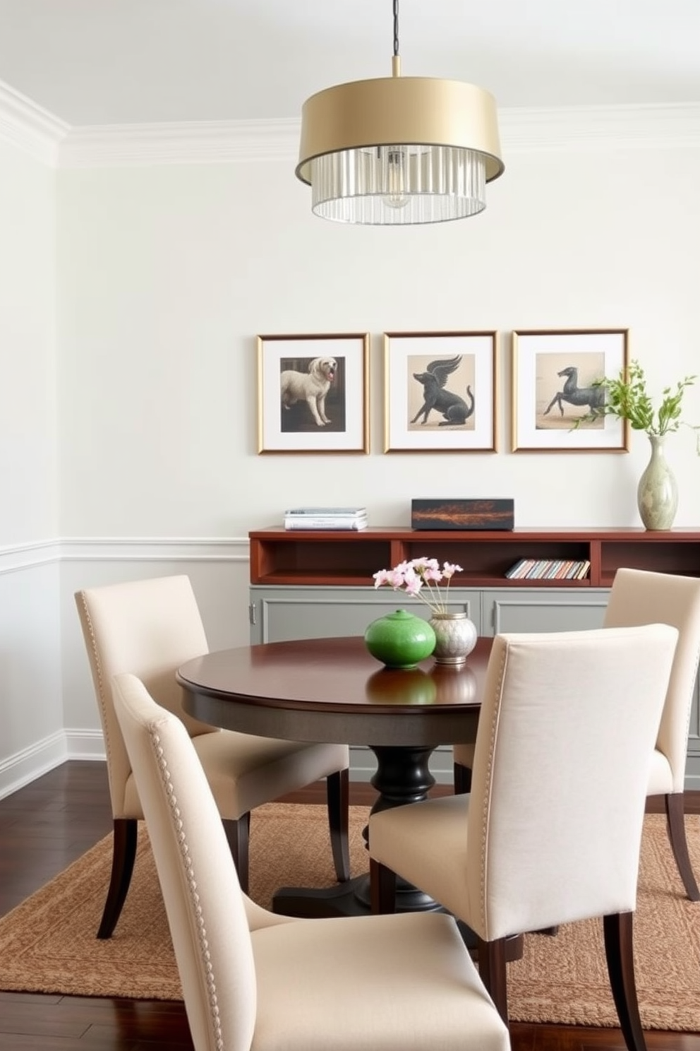 A modern dining room featuring a sleek sideboard against the wall for additional storage. The dining table is made of reclaimed wood and surrounded by upholstered chairs in a soft gray fabric. The walls are painted in a warm beige tone, creating a cozy atmosphere. A statement chandelier hangs above the table, providing elegant lighting for gatherings.