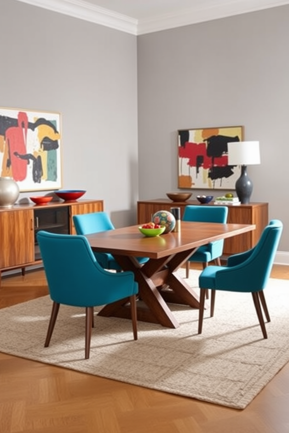 A contemporary dining room featuring a sleek wooden table surrounded by upholstered chairs in a vibrant teal color. The walls are painted in a soft gray tone, and a bold piece of abstract art hangs above the sideboard, adding visual interest to the space. Layer the room with a textured area rug in neutral tones to ground the seating area. Incorporate colorful accessories like a bright centerpiece and decorative bowls to enhance the overall aesthetic.