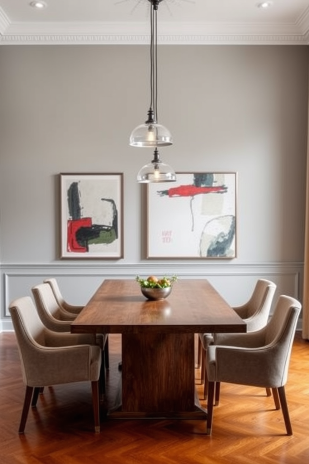 A stylish dining room featuring a large wooden table surrounded by upholstered chairs. A beautiful area rug in soft neutral tones anchors the space and adds warmth to the hardwood floor. On the wall, a statement piece of artwork adds character, while a chic chandelier hangs above the table, providing elegant lighting. Large windows allow natural light to flood the room, enhancing the inviting atmosphere.