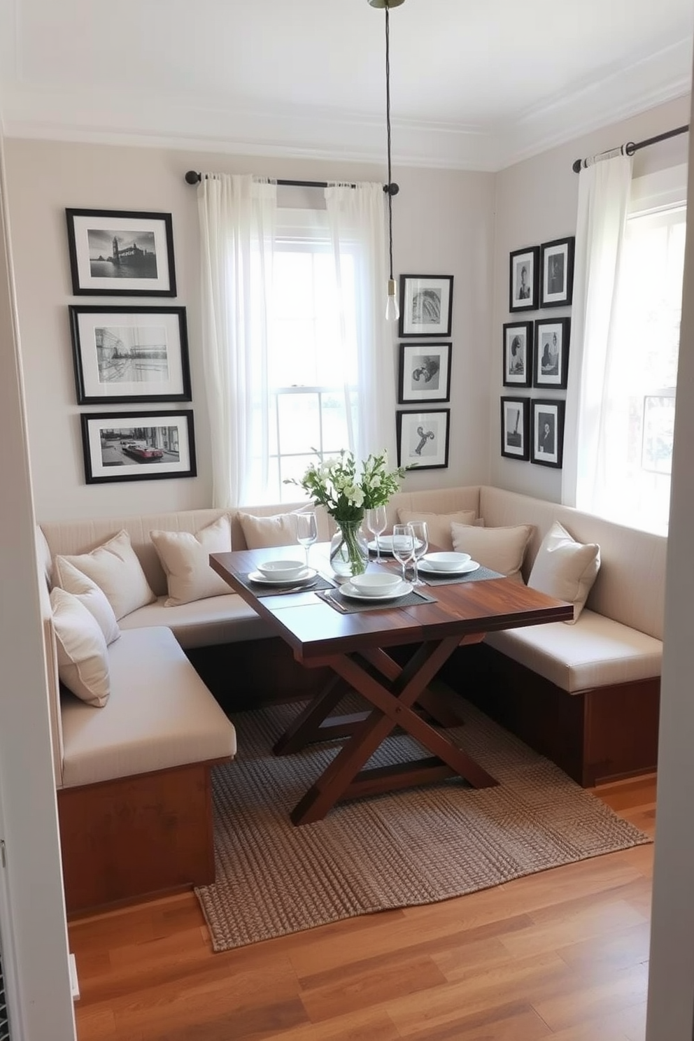 Create a cozy nook with banquette seating in a dining room. The banquette is upholstered in soft beige fabric with plush cushions, surrounded by a wooden table set for four. Natural light streams in through large windows adorned with sheer white curtains. A gallery wall of framed art adds a personal touch, while a woven rug anchors the space beneath the table.