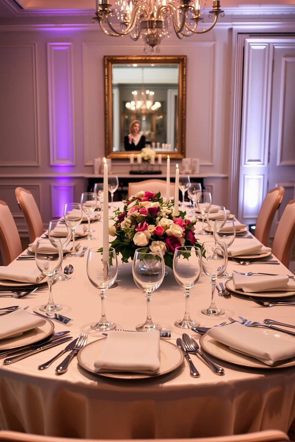 A refined dining room showcasing an elegant table setting. The table is adorned with fine china, crystal glassware, and polished silverware, creating a sophisticated atmosphere. Soft ambient lighting highlights the delicate textures of the table linens. Fresh floral arrangements in the center add a touch of color and elegance to the overall design.