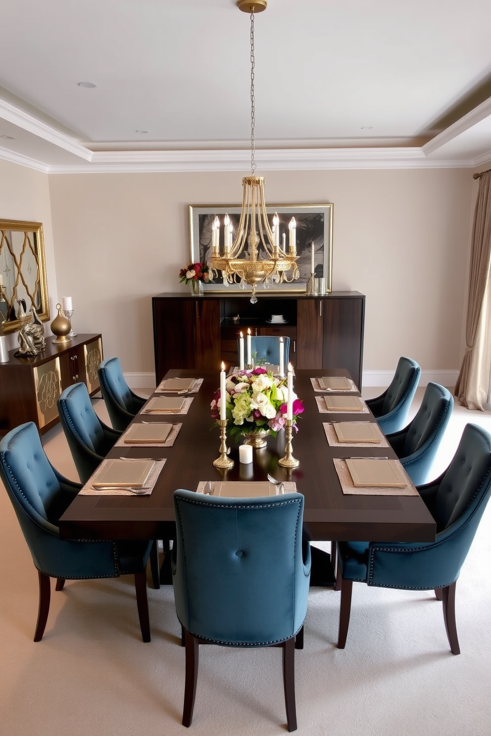 A contemporary dining room featuring a sleek wooden table surrounded by upholstered chairs in a neutral tone. Above the table, elegant pendant lights hang, casting a warm glow and adding a modern touch to the space. The walls are adorned with tasteful artwork that complements the overall color scheme. A stylish sideboard against one wall provides additional storage and display space for decorative items.