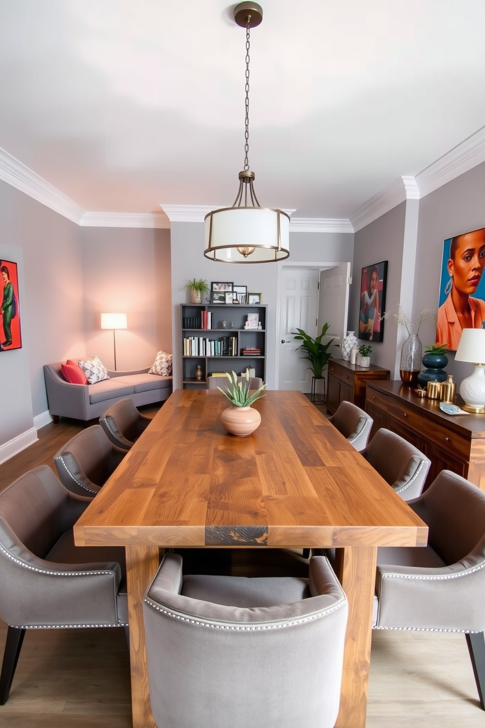 A stylish multi-functional dining area features a large rectangular table made of reclaimed wood surrounded by plush upholstered chairs. The space is illuminated by a modern chandelier, and a cozy reading nook with a small bookshelf is tucked into one corner. The walls are painted in a soft gray, complemented by colorful artwork that adds vibrancy to the room. A sideboard with decorative accents and a few potted plants enhances the inviting atmosphere of this versatile dining space.