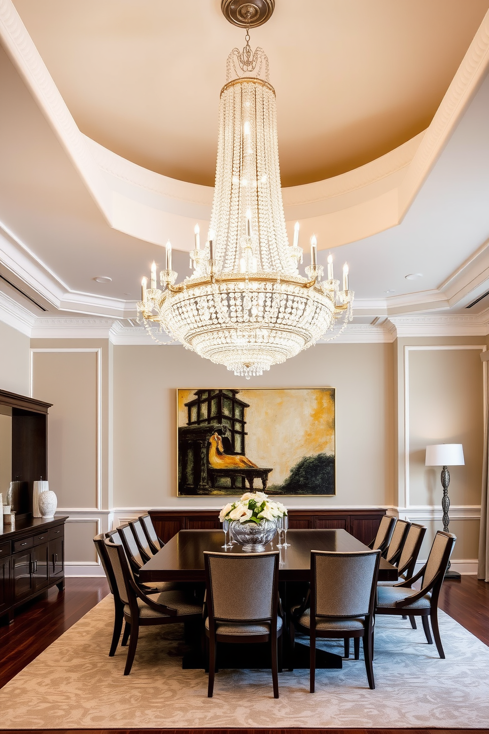 A stunning dining room featuring a grand chandelier that serves as the focal point. The chandelier is adorned with crystals that reflect light beautifully, creating an inviting atmosphere. The dining table is rectangular and made of dark wood, surrounded by elegant upholstered chairs. A large piece of artwork hangs on the wall opposite the chandelier, adding a splash of color to the space.