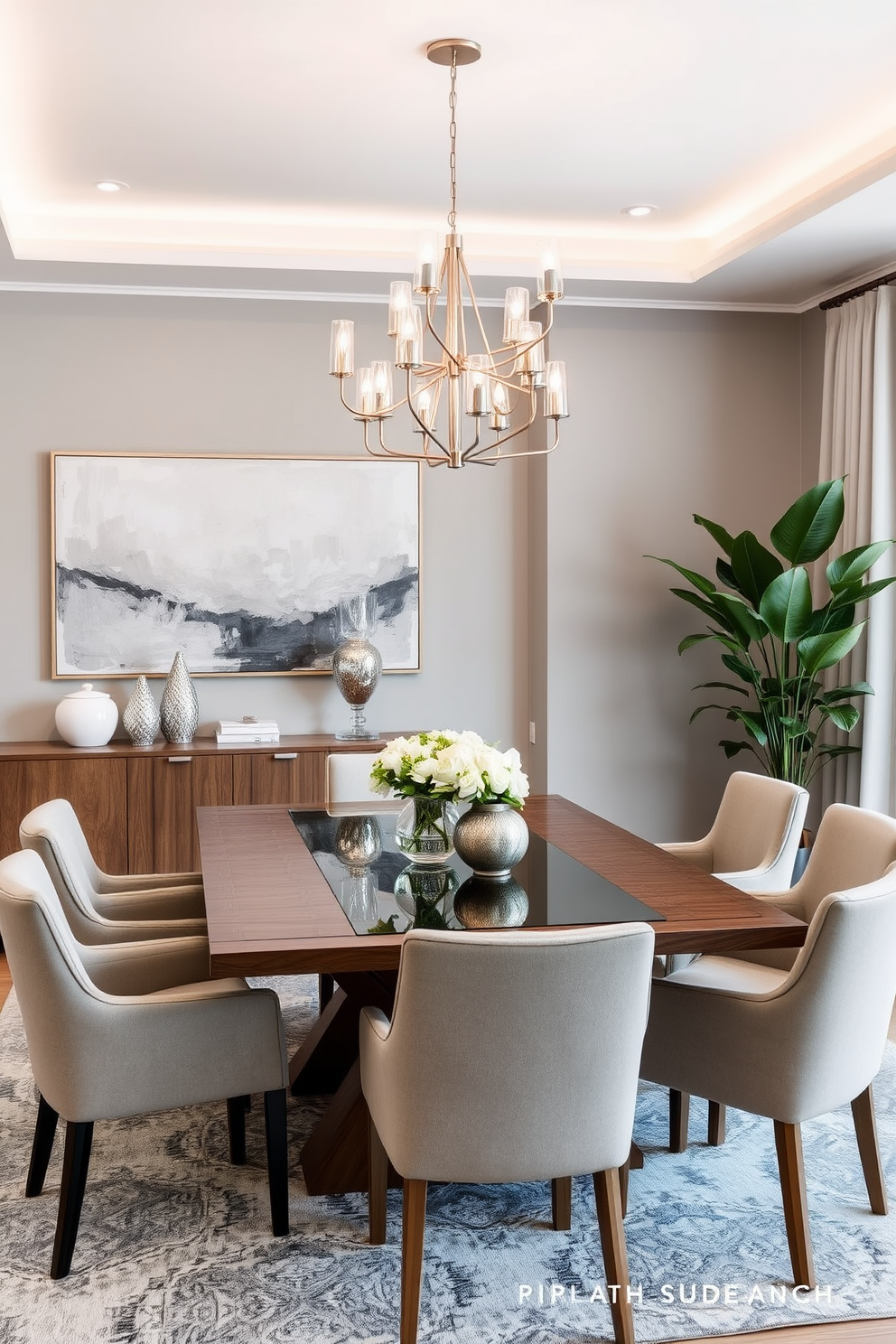 A modern dining room featuring a sleek wooden table with a glass top surrounded by upholstered chairs in neutral tones. The walls are adorned with abstract art, and a stylish chandelier hangs above, casting a warm glow over the space. Incorporate a color palette of soft grays and whites, complemented by natural wood accents. A sideboard with decorative tableware and a large potted plant in the corner adds a touch of elegance and greenery.