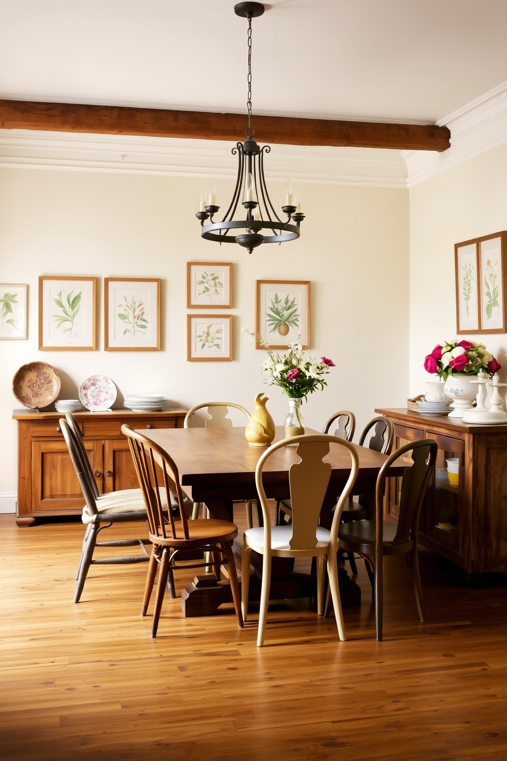 A charming dining room featuring a rustic wooden table surrounded by mismatched antique chairs. A vintage chandelier hangs above the table, casting a warm glow over the space. The walls are painted in a soft cream color, adorned with framed botanical prints. A sideboard made of reclaimed wood stands against one wall, displaying an assortment of vintage dishware and a decorative vase filled with fresh flowers.