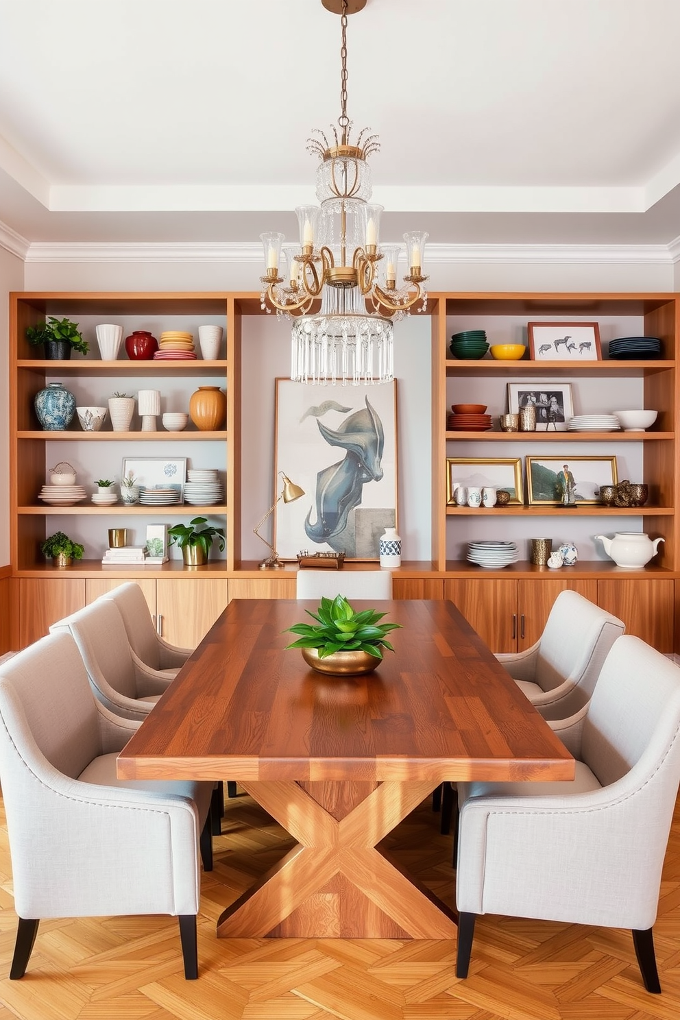 A stylish dining room featuring a large wooden table at the center surrounded by upholstered chairs. On the table, decorative trays in various sizes hold elegant tableware and a centerpiece of fresh flowers. The walls are painted in a soft cream color, creating a warm and inviting atmosphere. A statement chandelier hangs above the table, casting a soft glow over the space.