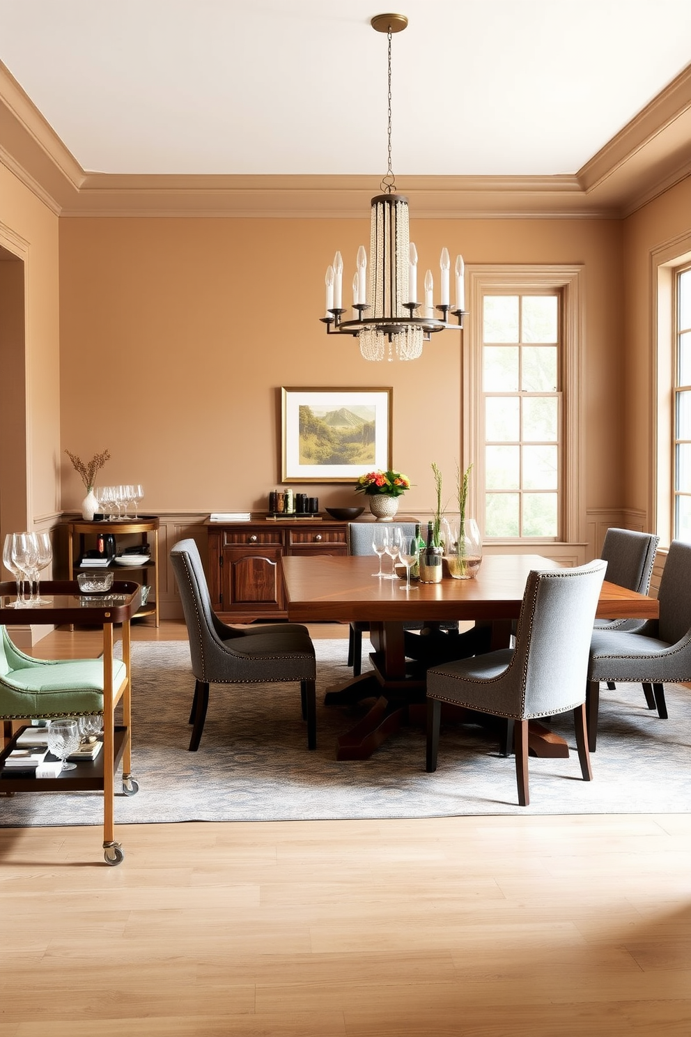 A luxurious dining room with an elegant wooden table surrounded by plush upholstered chairs in a rich navy color. The table is adorned with a stunning gold centerpiece and fine china, while a crystal chandelier hangs gracefully above, illuminating the space. The walls are painted in a soft cream tone, complemented by dark wood wainscoting that adds depth. Floor-to-ceiling curtains in a luxurious fabric frame large windows, allowing natural light to flood the room while enhancing the opulent atmosphere.