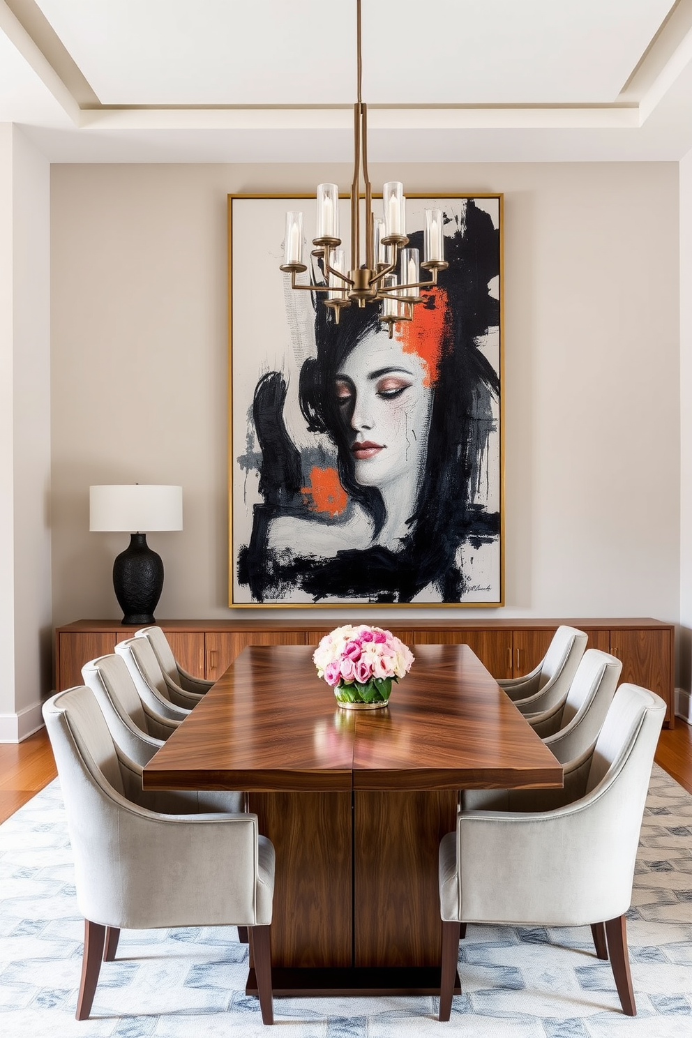 A stunning dining room features a large statement piece of art that hangs prominently on the main wall, drawing the eye and setting the tone for the space. The art is complemented by a sleek wooden dining table surrounded by elegant upholstered chairs, creating a perfect balance of style and comfort.