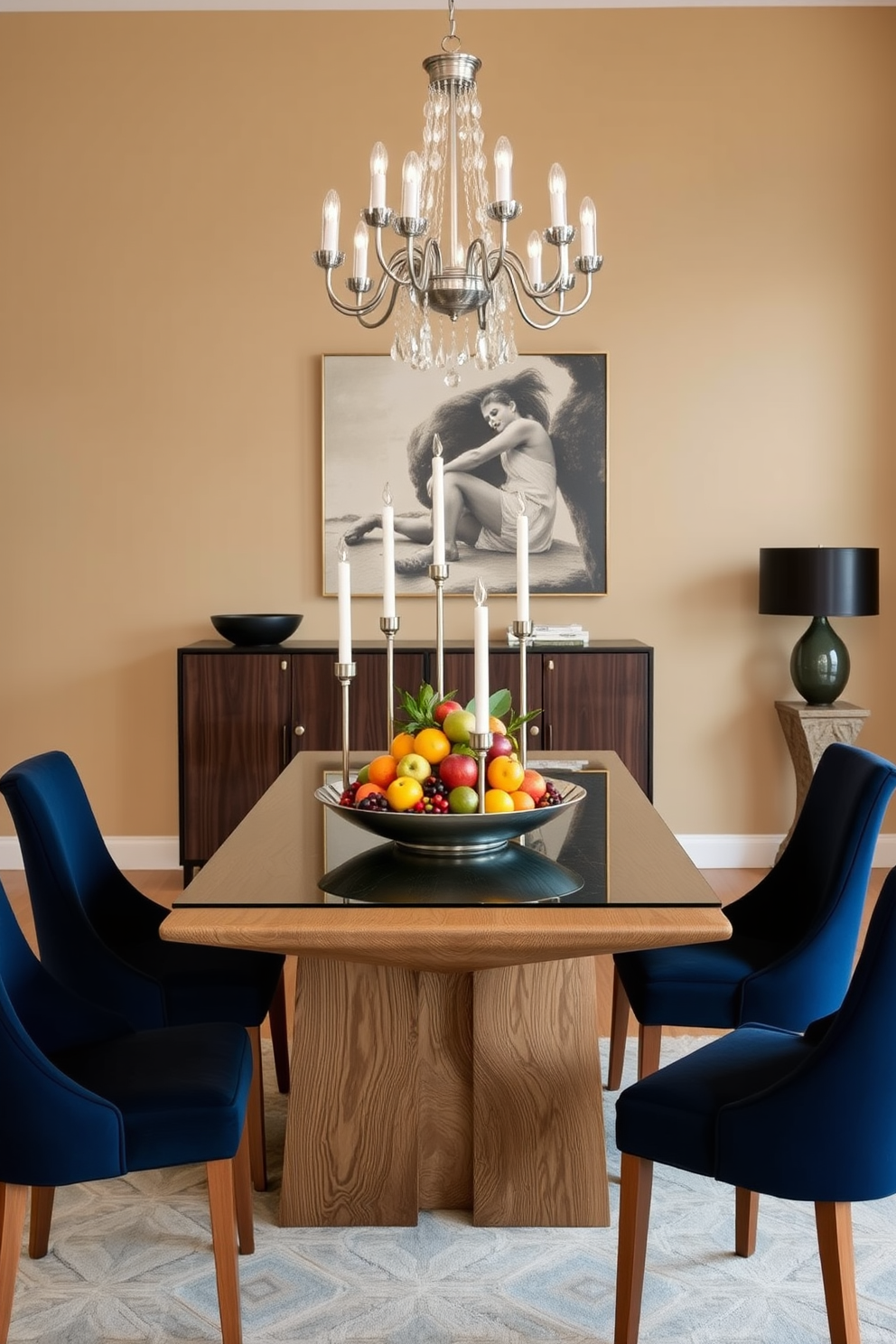 A stylish dining room featuring a chalkboard wall that serves as a creative space for doodles and notes. The table is made of reclaimed wood with modern metal chairs arranged around it, creating a casual yet elegant atmosphere. Warm pendant lights hang above the table, casting a cozy glow over the space. Large windows allow natural light to flood in, highlighting the playful chalkboard art and vibrant decor elements throughout the room.