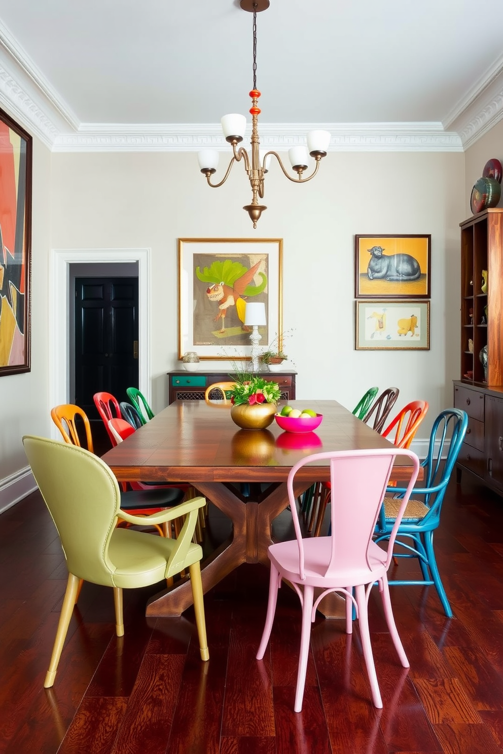 A stylish dining room featuring a large wooden table surrounded by an eclectic mix of dining chairs in various styles and colors. The walls are adorned with artwork that complements the vibrant hues of the chairs, creating a lively and inviting atmosphere.