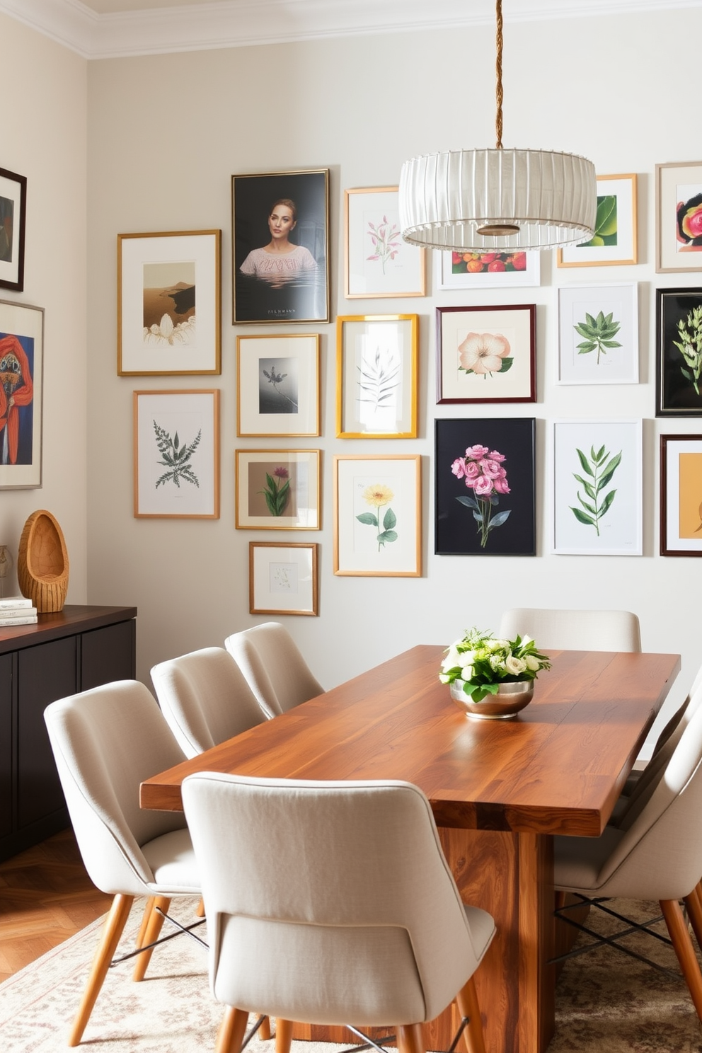 Create a gallery wall featuring an eclectic mix of framed artwork, including abstract pieces, photography, and botanical prints. The wall should be painted in a soft neutral color to enhance the vibrancy of the art. Incorporate a stylish dining table made of reclaimed wood with modern upholstered chairs around it. Add a statement chandelier above the table to create an inviting atmosphere for gatherings.