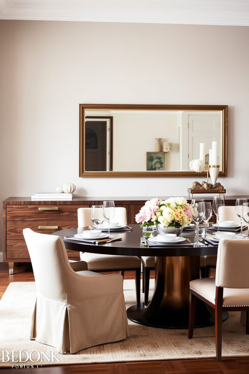 A stylish dining room featuring a sleek buffet with a dark wood finish against the wall. The buffet is adorned with decorative items and a large mirror above it, reflecting the ambient light in the room. The dining table is set for six, with elegant tableware and a centerpiece of fresh flowers. Soft, neutral-colored chairs surround the table, complementing the warm tones of the space.